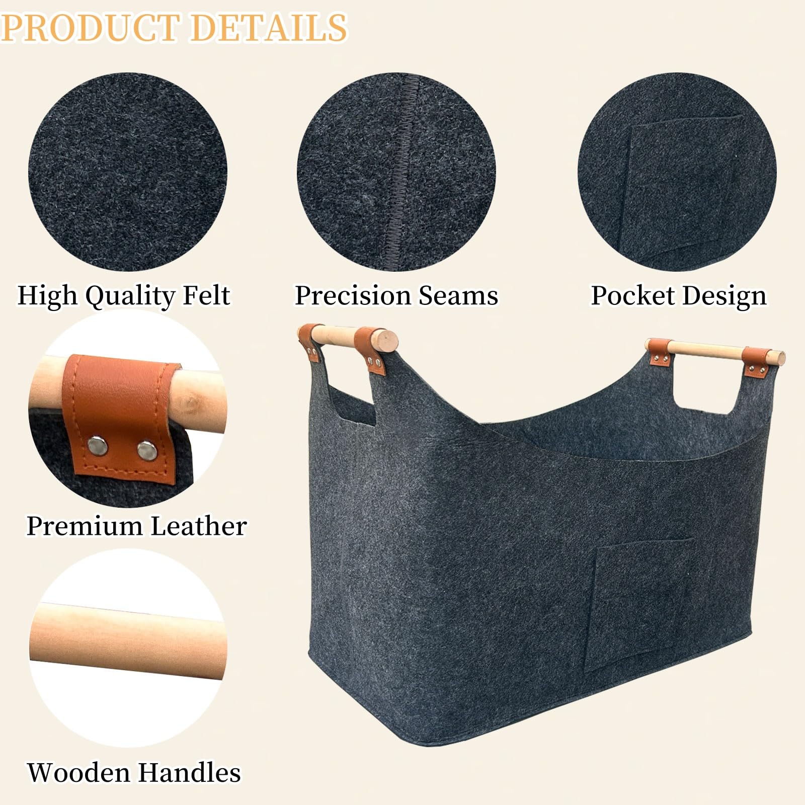 55L Large Log Basket,Felt Firewood Basket for Wood Burner Indoor with Extended & Thicker Handles,Foldable Storage Box for Fireplaces - Image 2