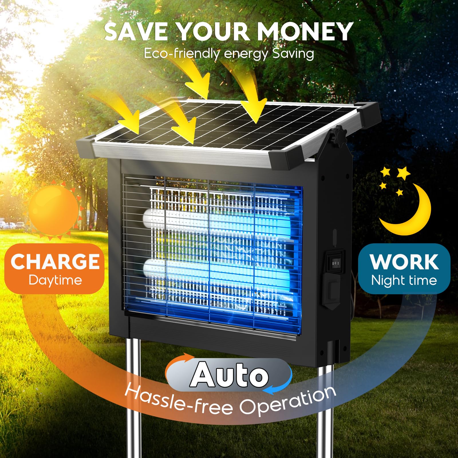Anysun Lampada Antizanzare Elettrica Solare, Zanzariera Elettrica da Esterno 4500V, Ricarica Solare e USB, IPX5, Cavo da 3 m, Sensore Crepuscolare, per Terrazza Giardino Balcone Camping