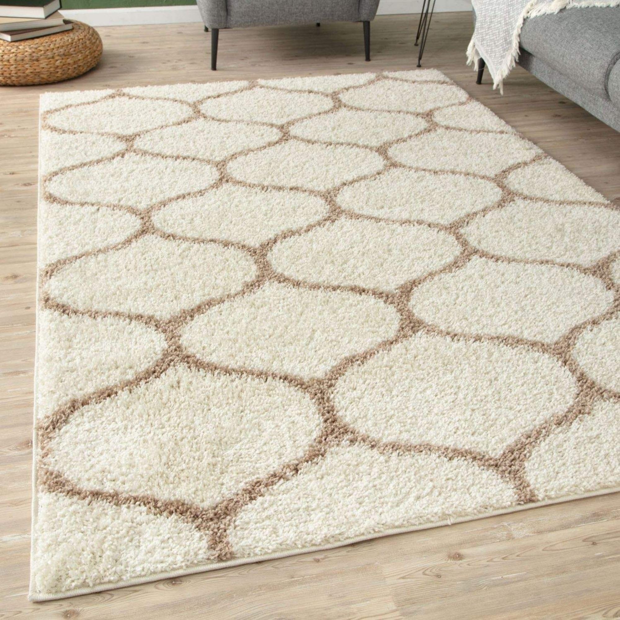 THE RUGS Shaggy Rug – Modern Moroccan Design Rugs for Living Room, Bedroom, Hallway, 30 cm Thick Area Rugs, (Trellis Ivory/Beige, 240x340cm)