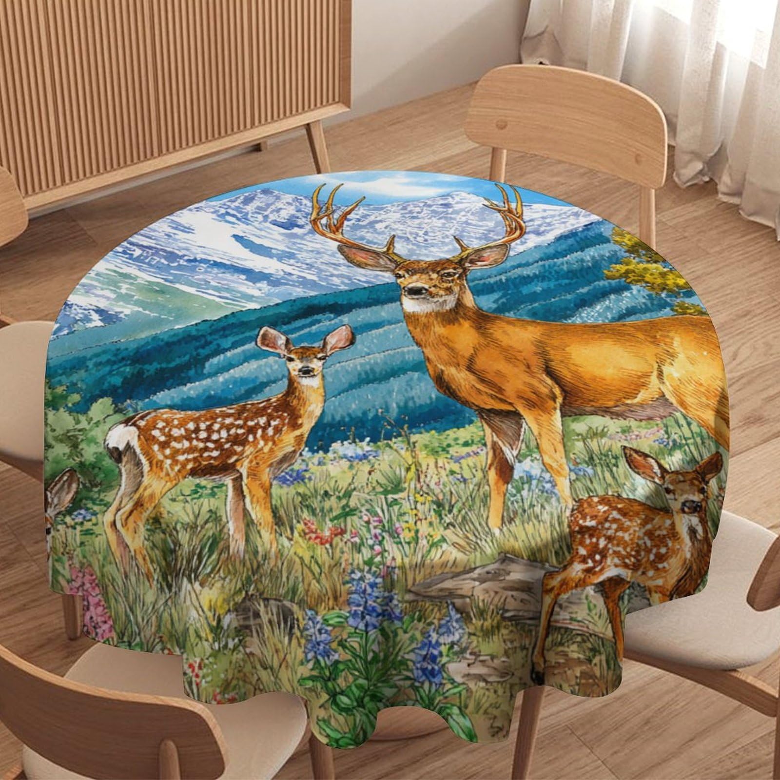 LUYYSKY Rustic Natural Wildlife Elk Waterproof Round Tablecloth Colorful Classic Spring Mountains Plants Floral Animals Deer Pattern Washable Table Cover for Kitchen-91.4" Wx91.4 L cm