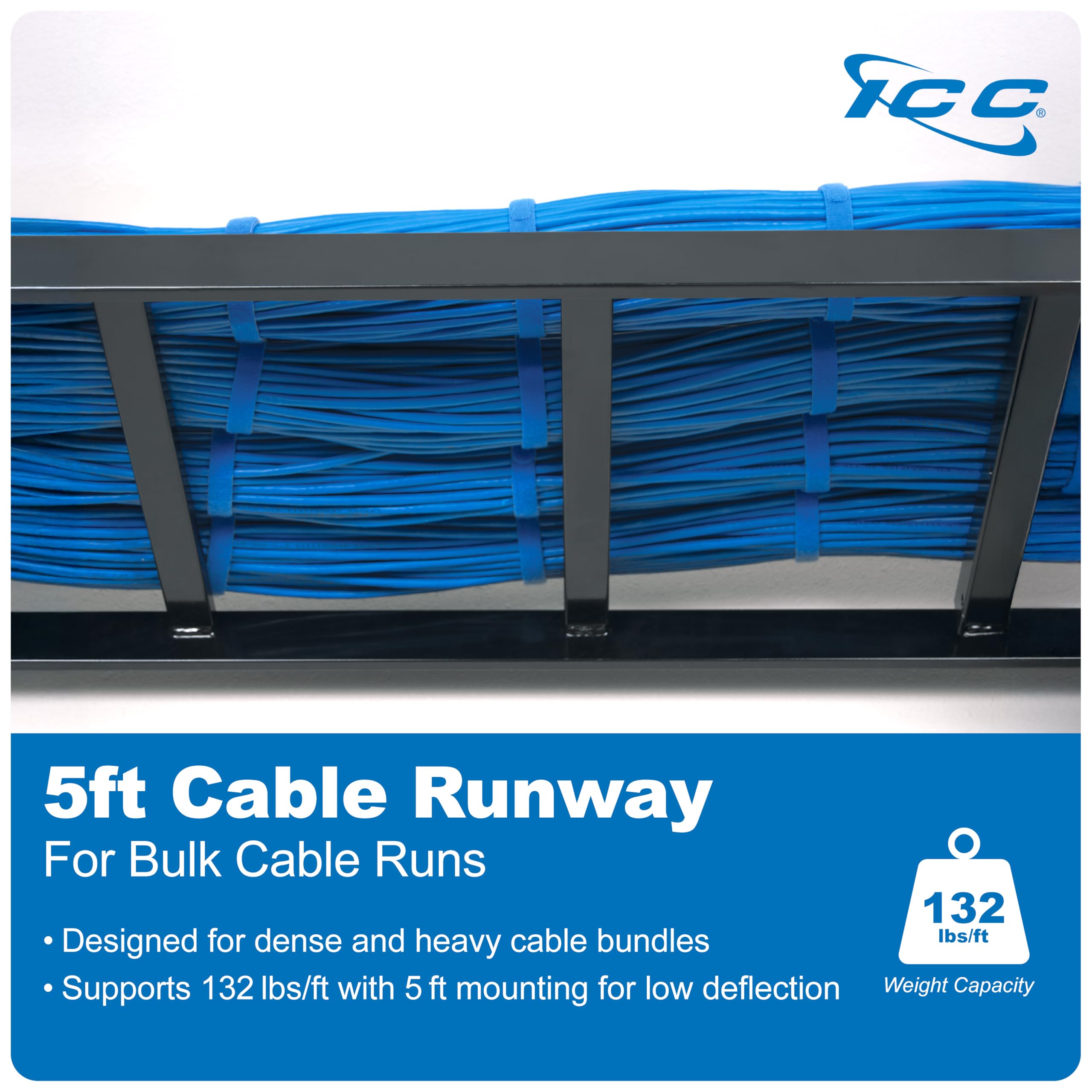 ICC Ladder Rack 5-Foot Cable Runway Straight Section – 16-Gauge Steel, Horizontal Cable Management for Server Racks & Telecom Systems, 2 Pack, Made in USA