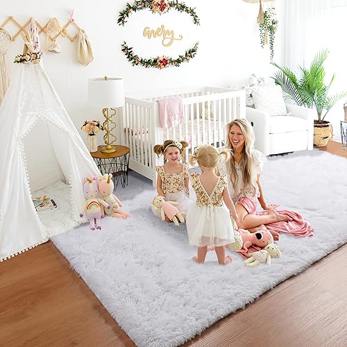 Miniatura 3 de RUGTUDER Alfombra de área para dormitorio, alfombras blancas esponjosas de 4 x 6 pies para sala de estar, antideslizante, suave, peluda, para