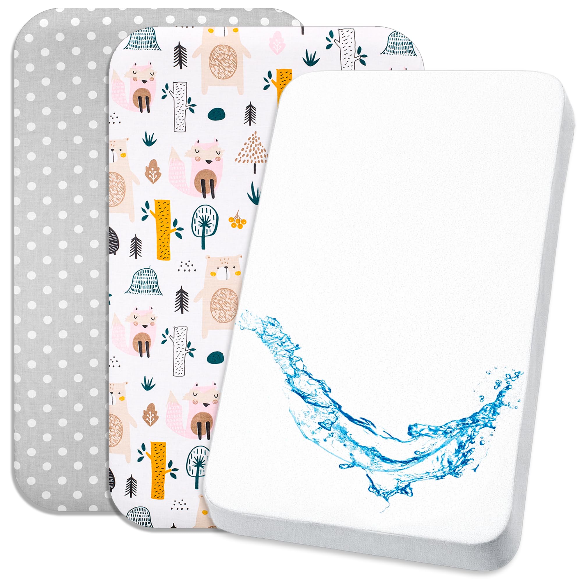 Lovely Hippo 2X Spannbettlaken 90x55 cm 100% Baumwolle + 1X Matratzenschoner 100% wasserdichtem Material - Set 3X 90x55 - Kompatibel Kinderkraft Neste Up (Waldtiere, 55 x 90 cm)