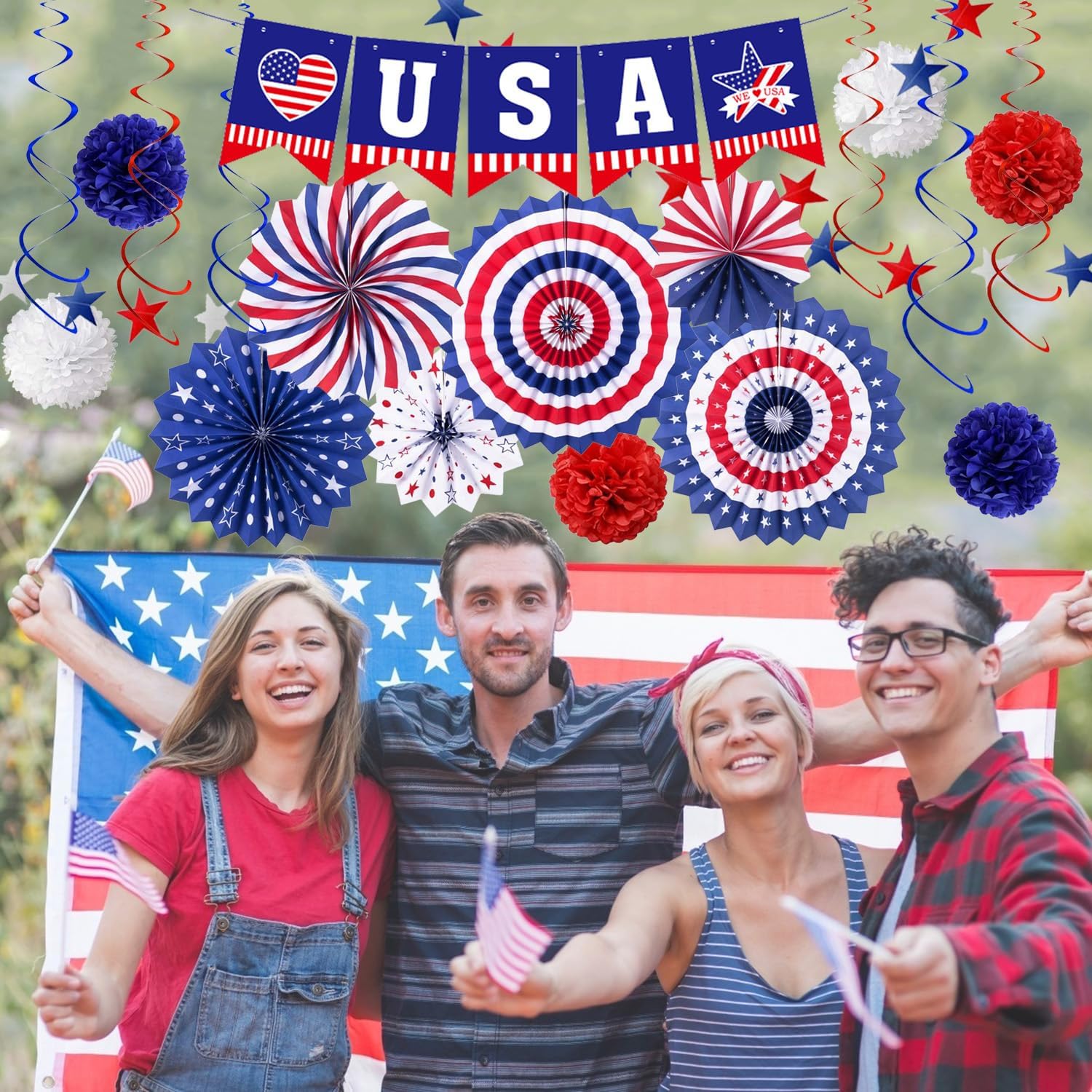 4th of July Patriotic Party Decorations, 6 Paper Fan, 6 Flower Ball, 1 USA Swallowtail Flag, 1 USA Pennant Flag, 1 Star Streamer, 6 Swirl, Independence Day, Memorial Day, Veterans Day Decor Supplies