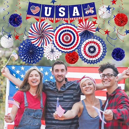 Miniatura 6 de Paquete de 27 decoraciones de fiesta patriótica del 4 de julio, 6 abanicos de papel, 6 bolas de flores, 1 bandera de cola de golondrina de Estados