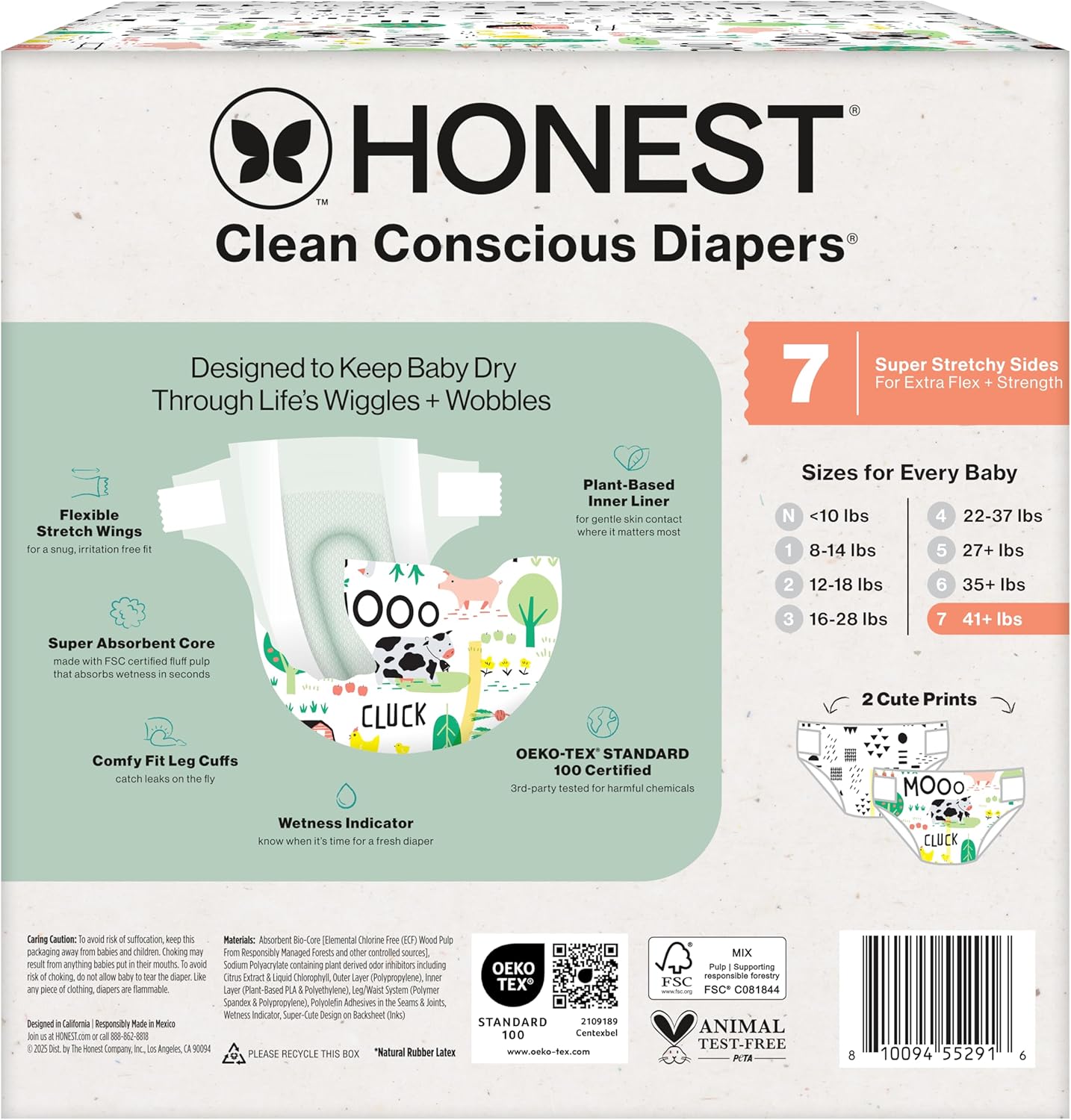The Honest Company Comfort Dry Disposable Diapers for Sensitive Skin, Hypoallergenic, Fragrance-Free, Barnyard Babies + Pattern Play, Club Box, Size 7 (41 lbs), 32 Count - Image 8