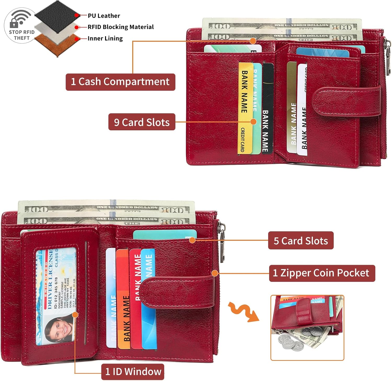 GAEKEAO Womens Wallet Small Leather RFID Blocking Bifold Zipper Pocket Wallet Card Case Purse with ID Window - Image 2