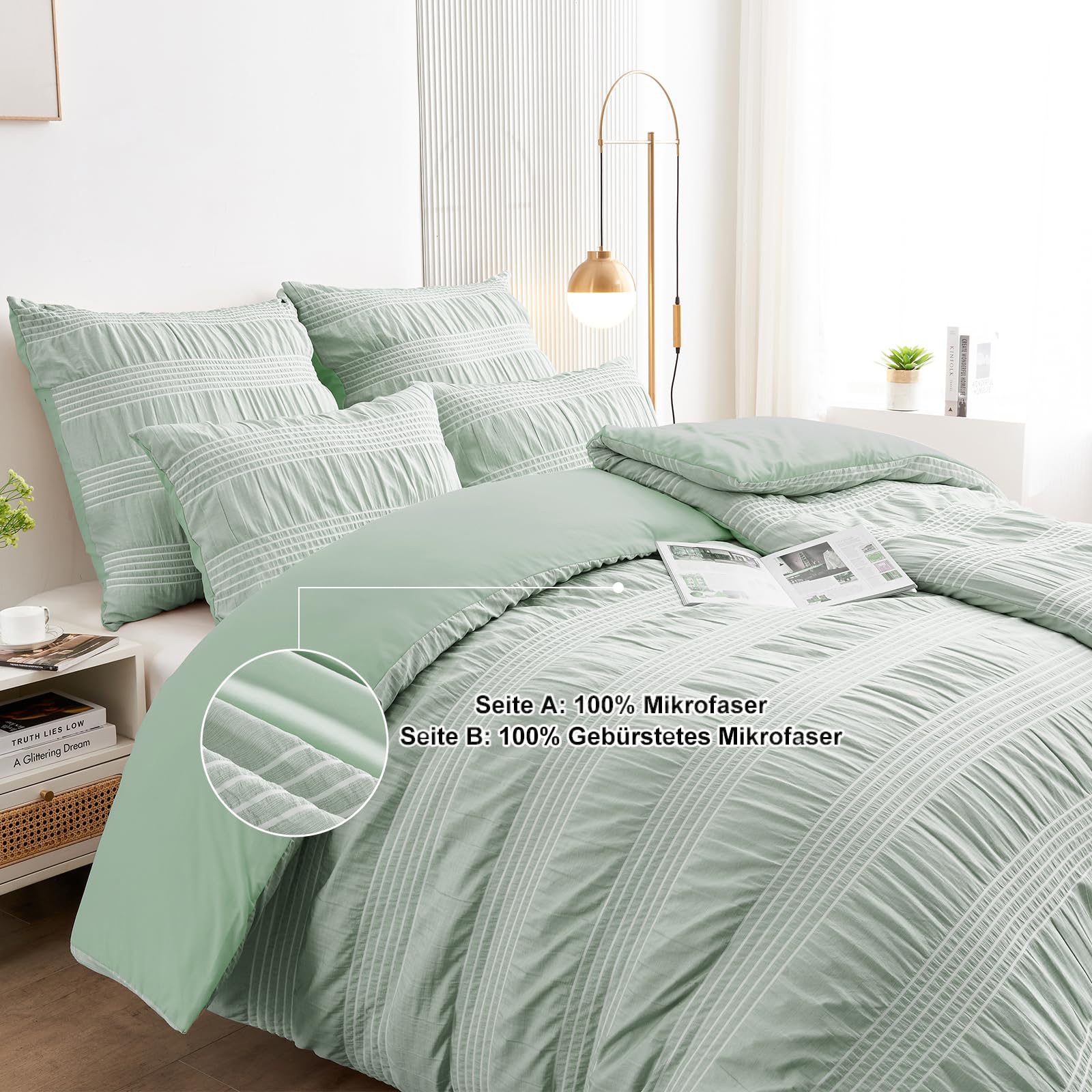 Qucover Funda Nordica Cama 135/150 - Verde Fundas para Edredón 200x200cm con 2 Fundas de Almohada 80x80cm, 3 Piezas Juego de Ropa de Cama de Diseño de Rayas Blancas con Cremallera