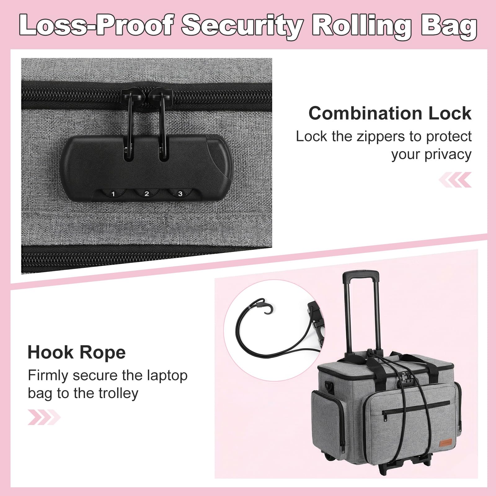 Housolution Rollende Lehrertasche mit Rädern, Lehrertasche mit abnehmbarem Trolley, Laptop-Arbeitskoffer auf Rädern, Aktenkoffer mit Akkordeonordner, passend für 15,6" Laptop, Grau