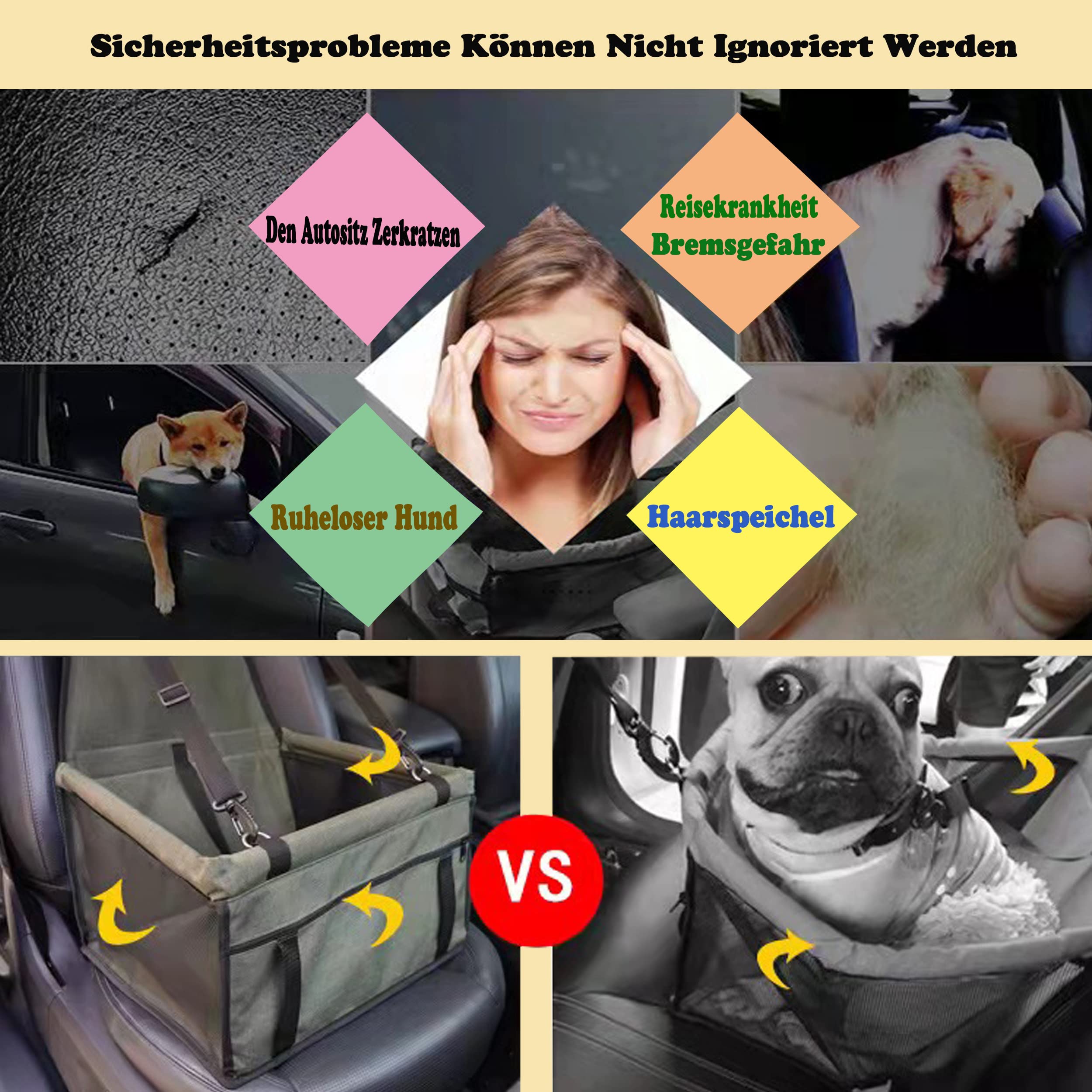 Hundeautositz, Auto-Sitzerhöhung für kleine und mittelgroße Hunde und Katzen, wasserdichte atmungsaktive Haustier-Automatte, Faltbare Oxford Cloth Safety Car Haustiertragetasche (dunkelgrau)