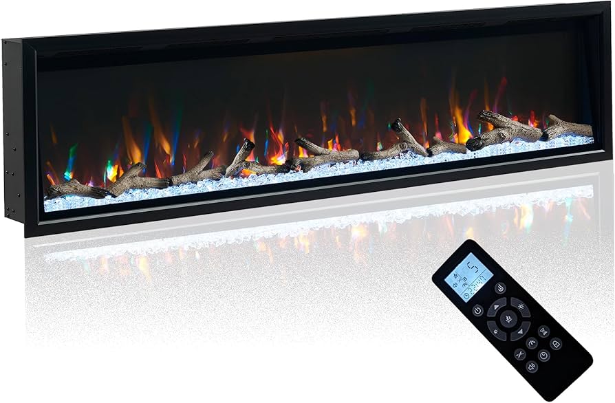 Napoleon Alluravision Deep 60 recessed fireplace showing bright orange and blue flames.