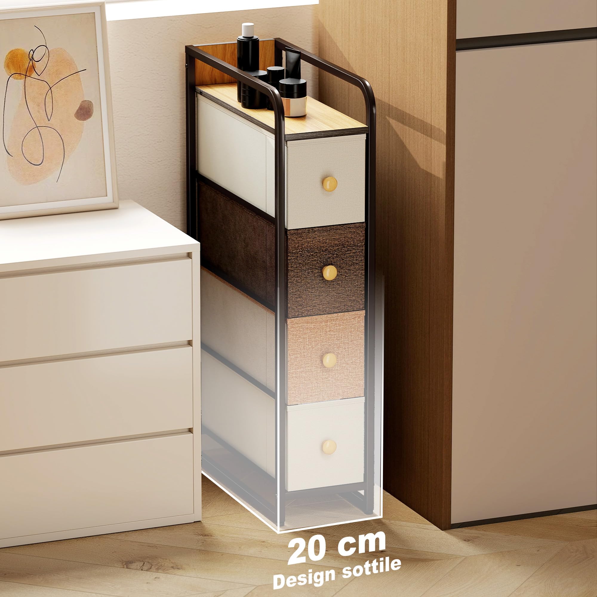 Cassettiera Slim HOMCOM A 4 Cassetti In Tessuto Multicolore, Salvaspazio 20x47x84.5 Cm, Per Camera E Bagno