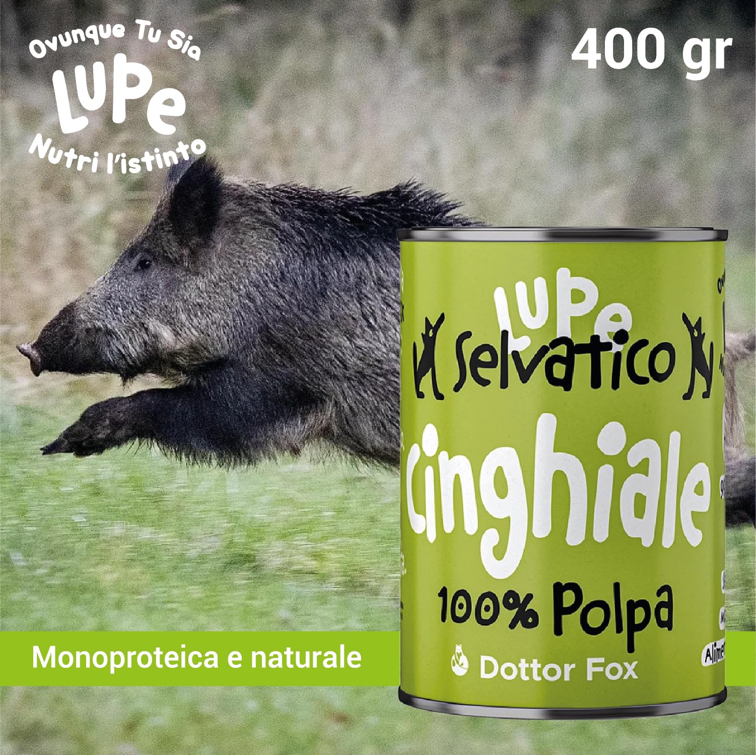 Lupe Polpa di Cinghiale, Alimento Umido Monoproteico per Cani e Gatti, 99,5% Cinghiale Italiano, Senza Cereali, Pasto Completo Ispirato alla BARF, 400 g
