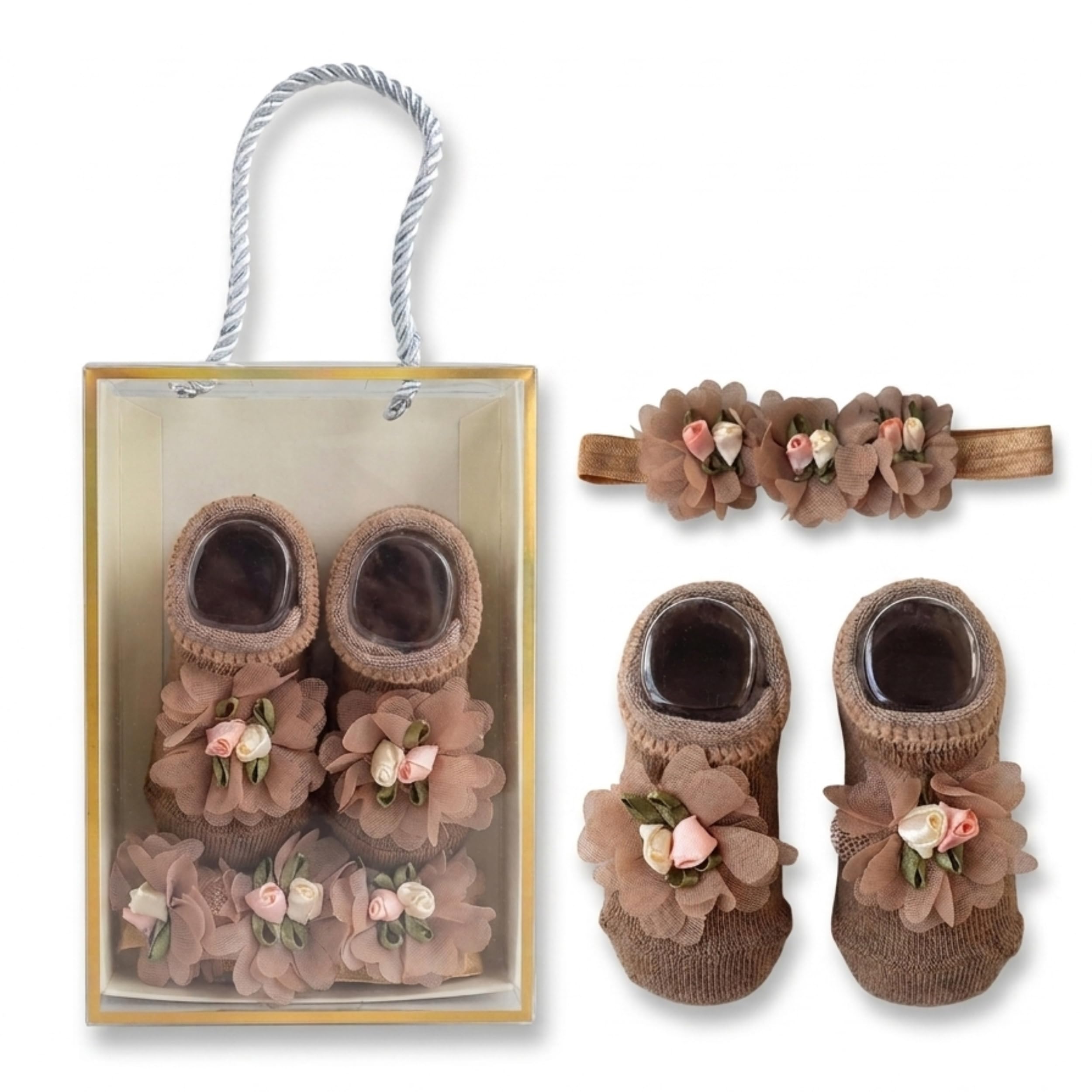 Newborn Baby Girl Gift Set – Soft Floral Booties with Matching Hair Band, Comfortable Infant Wear for 0–12 Months (1 Pair Shoes & 1 Headband)-image-36