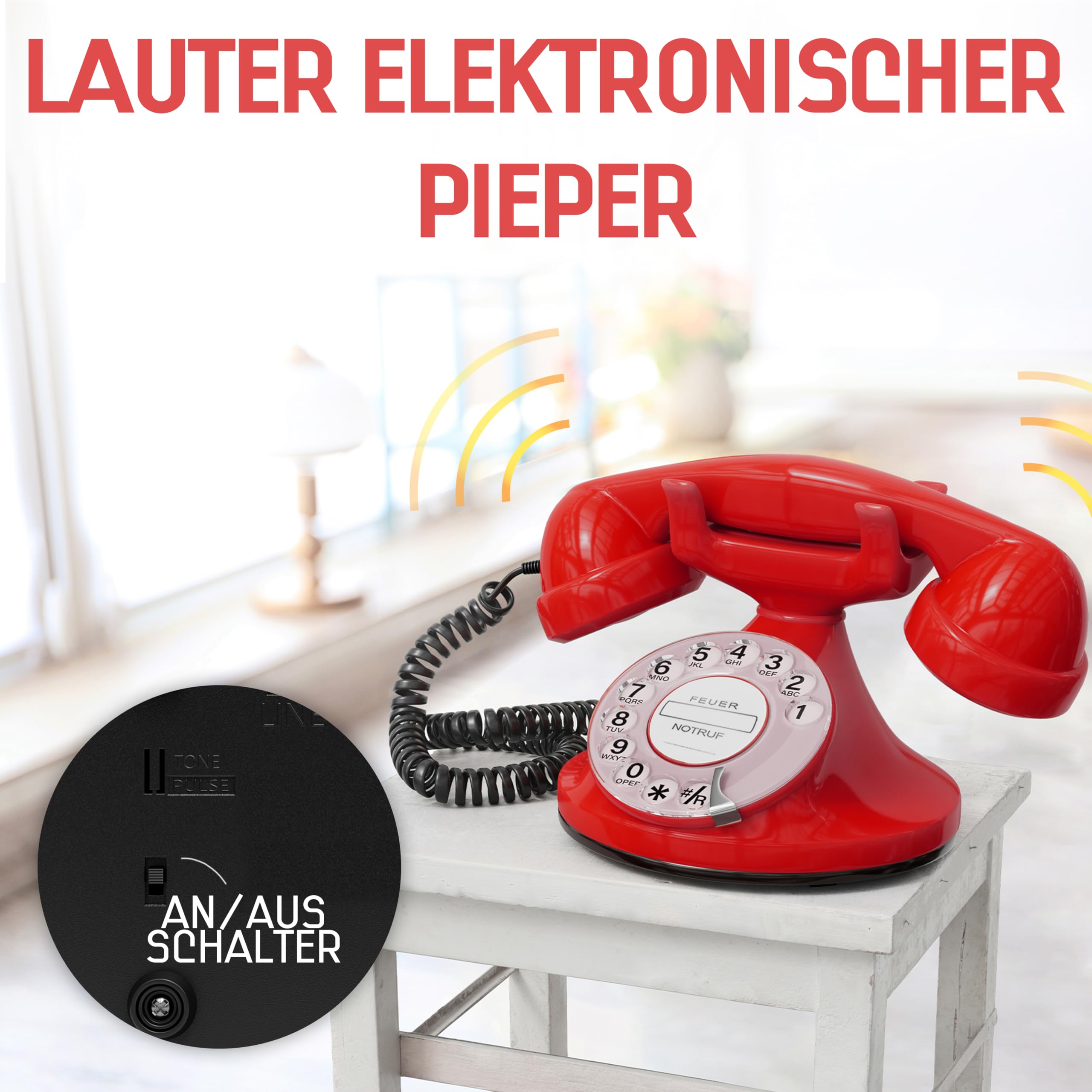 Opis FunkyFon Cable : Das Nostalgie Retro Telefon mit Wählscheibe - Nachbau von klassischem Vintage Wählscheibentelefon im geschwungenem 1920er Stil mit elektronischer Klingel (rot)