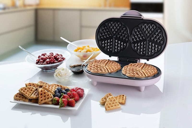 Bestron Dupla Gofrisütő Szív Alakú Wafflekhez, Tapadásmentes Bevonattal, 1000W, Rózsaszín