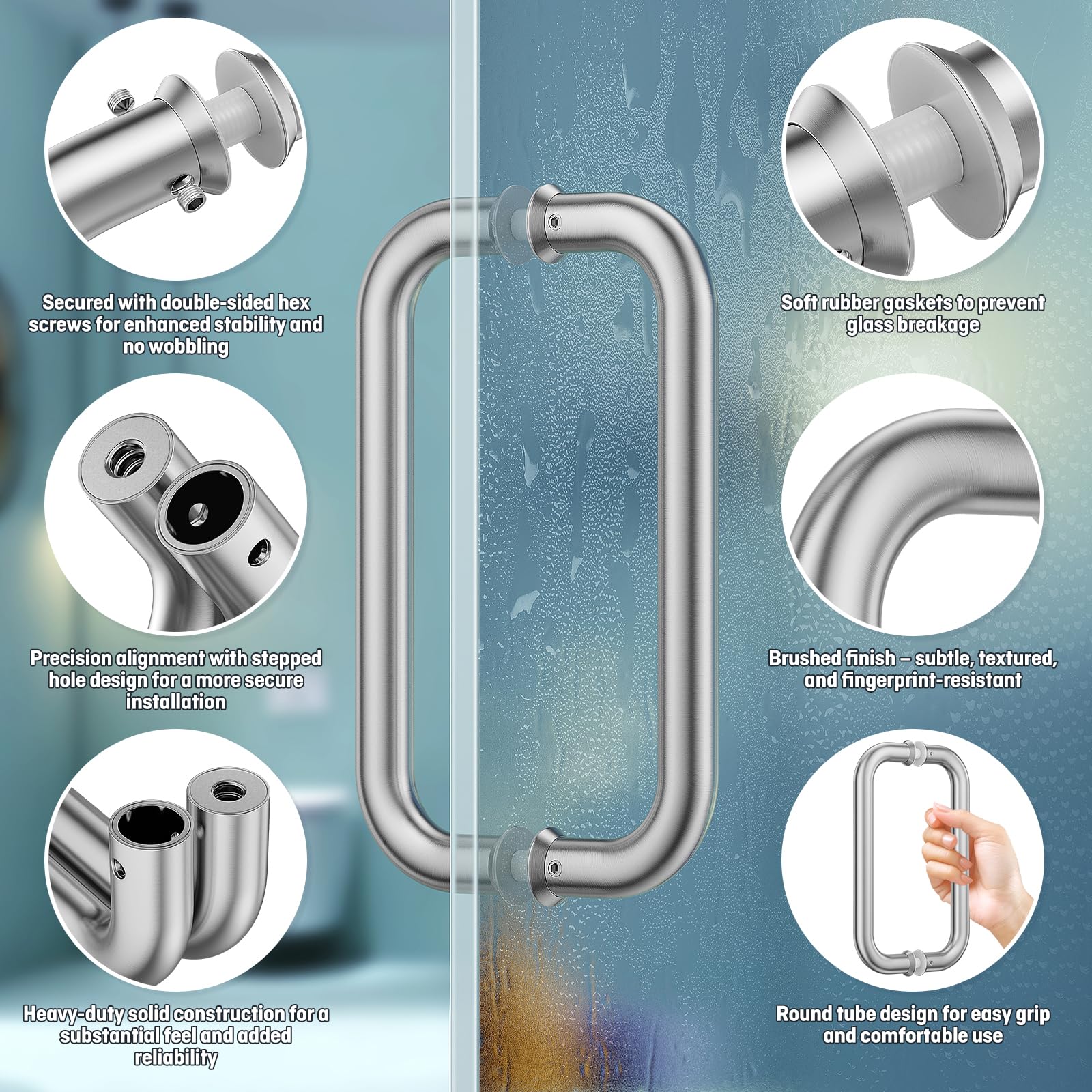Maniglia a C a doppia faccia per porta scorrevole in vetro senza cornice, acciaio inossidabile 304,finitura nichel spazzolato,adatta per vetri di 8-12 mm, interasse 20.3 cm, ideale per bagni,spa
