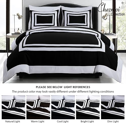 Miniatura 7 de Chezmoi Collection Wyatt - Juego de edredón de 7 piezas tamaño Queen con sábanas, estilo hotel, diseño cuadrado, color negro y blanco