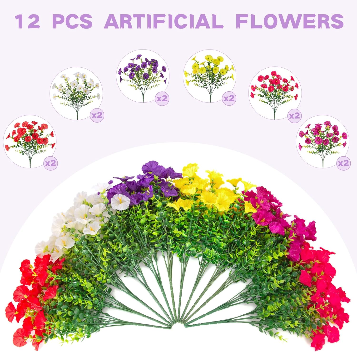 Artificial Flowers for Outdoors, 12 Bundles Fake Plastic Petunias Flower Plant, Faux UV Resistant Silk Morning Glory for Outside Planter Garden Front Porch Door Spring Summer Decor - Image 2