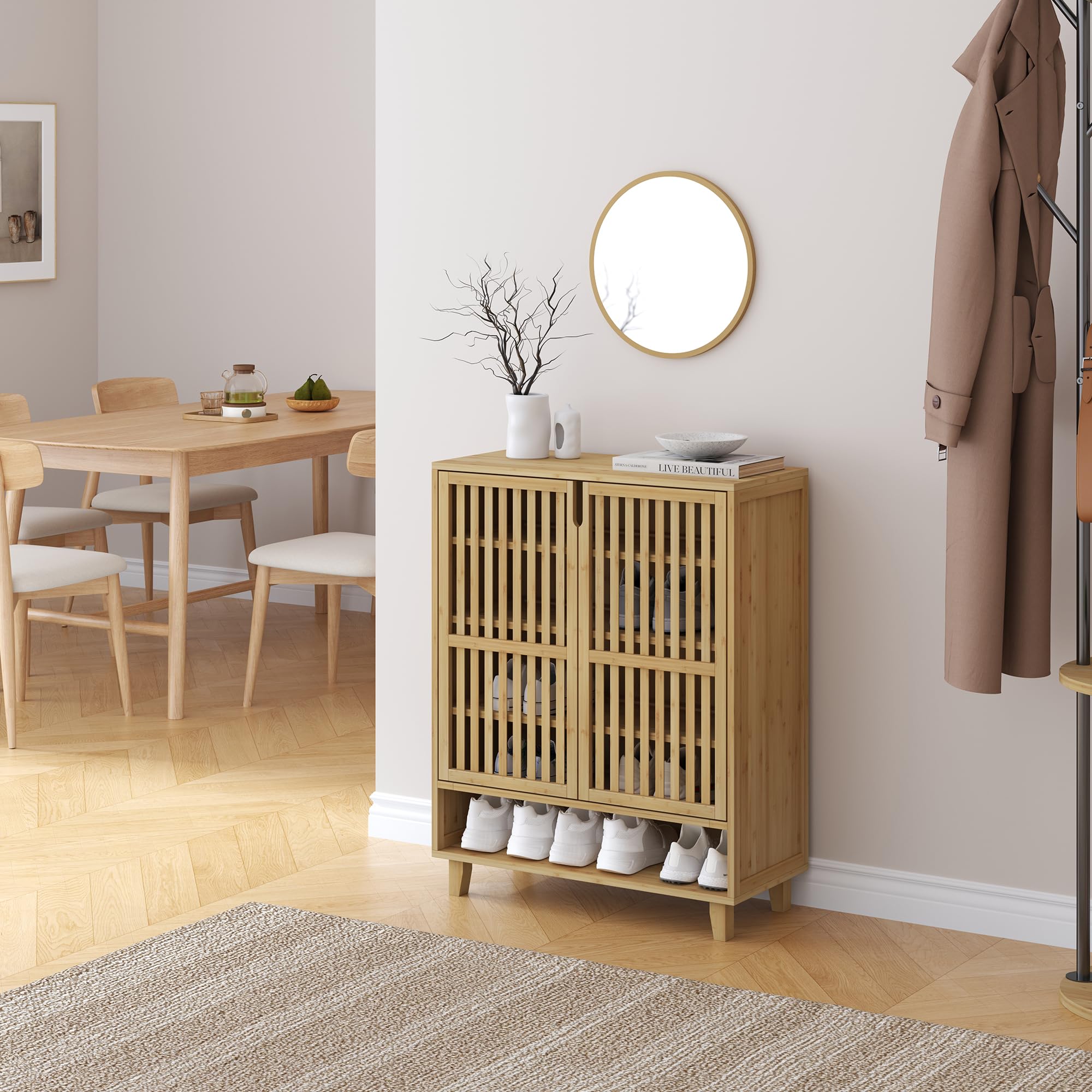 [en.casa] Zapatero Sirgerg Armario con 5 Estantes y 2 Puertas Batientes Mueble Zapatero Organizador para Zapatos Multiusos Bambú 91 x 72 x 35 cm - Natural