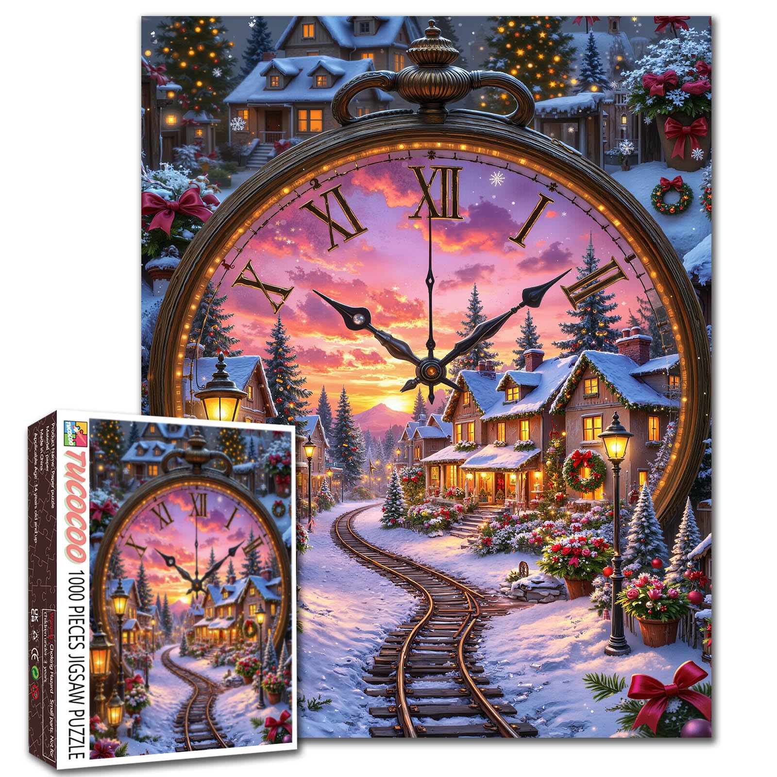 1000 Piece Jigsaw Puzzles for Adults Christmas Eve Painting Jigsaw Puzzle Winter Wonderland Puzzles 20''x27”inch Clock Towers with Xmas Trees DIY Puzzle Art 1000 Pieces Wall Decor Family Challenging