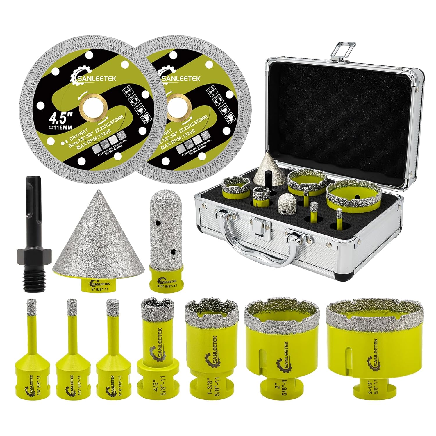 Diamond Tile Hole Saw Kit - Diamond Core Drill Bits Set SANLEETEK for Porcelain Tile Ceramic Marble 6/6/8/20/35/50/75/100MM+4/5'' Finger Bit+2" Chamfer Bit+SDS/HEX, 12pcs