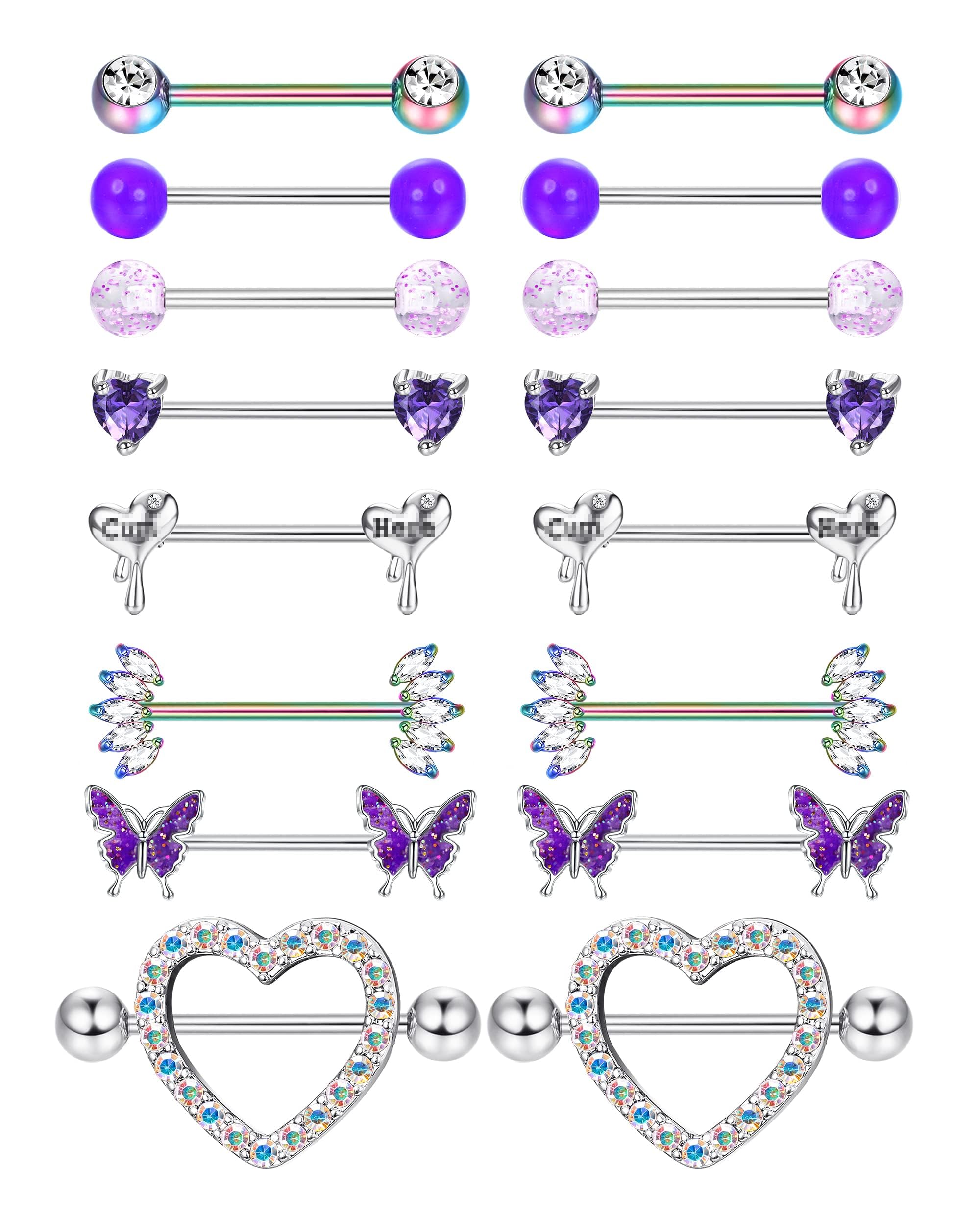Adramata8 Pares 14G Piercing Pezon Juego de Piercing de Pezón de Acero Quirúrgico Aros de Mariposa Corazón CZ Anillos de Pezón con Cadena Barras de Lengua Piercing de Pezón Joyería para Mujer