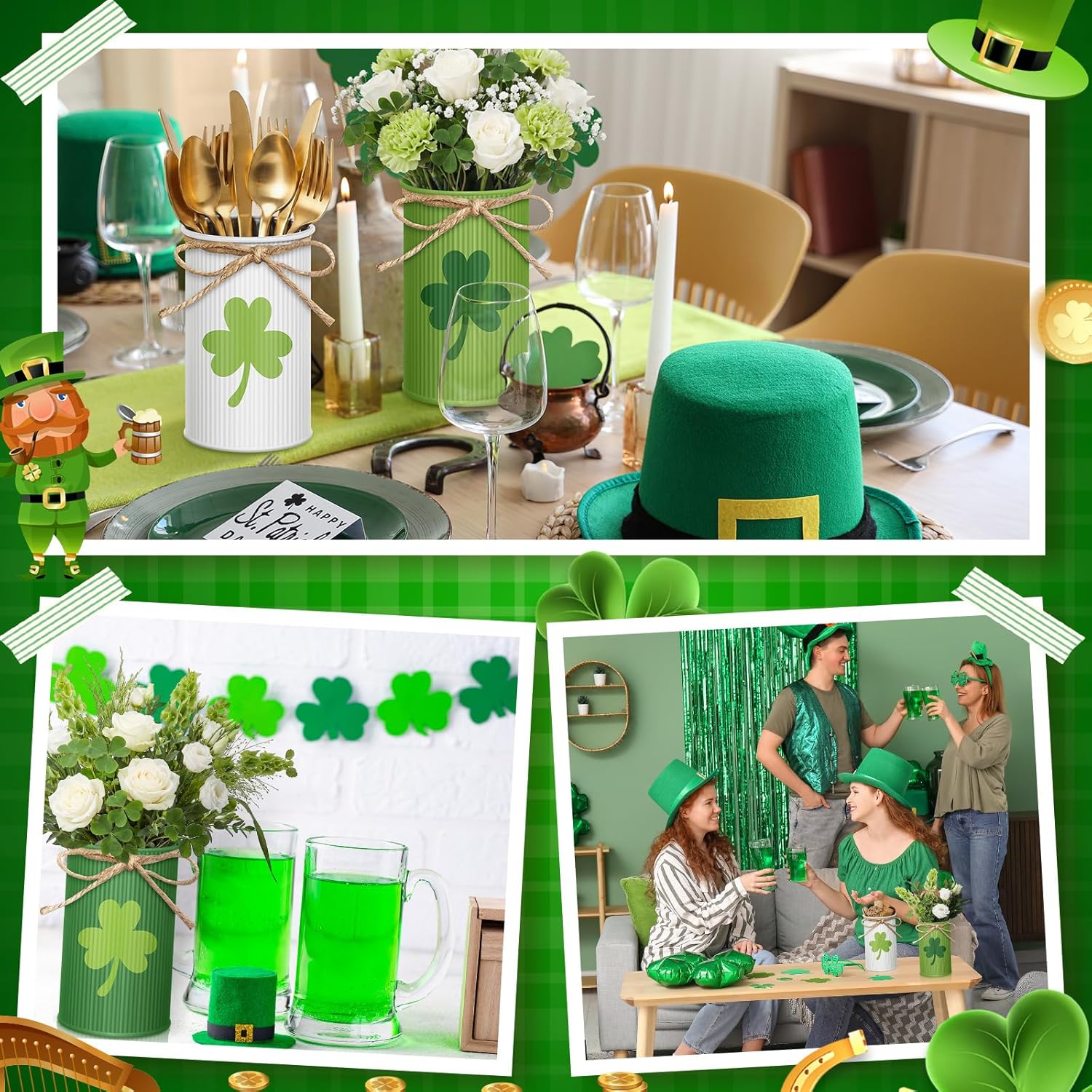 Domensi 6 Pcs St. Patrick's Day Vases Decor Green Shamrock Table Centerpieces Irish Galvanized Metal Vase for Flowers Utensil Holder Mason Jar Bucket for Kitchen Home St Patricks Day Party Decorations