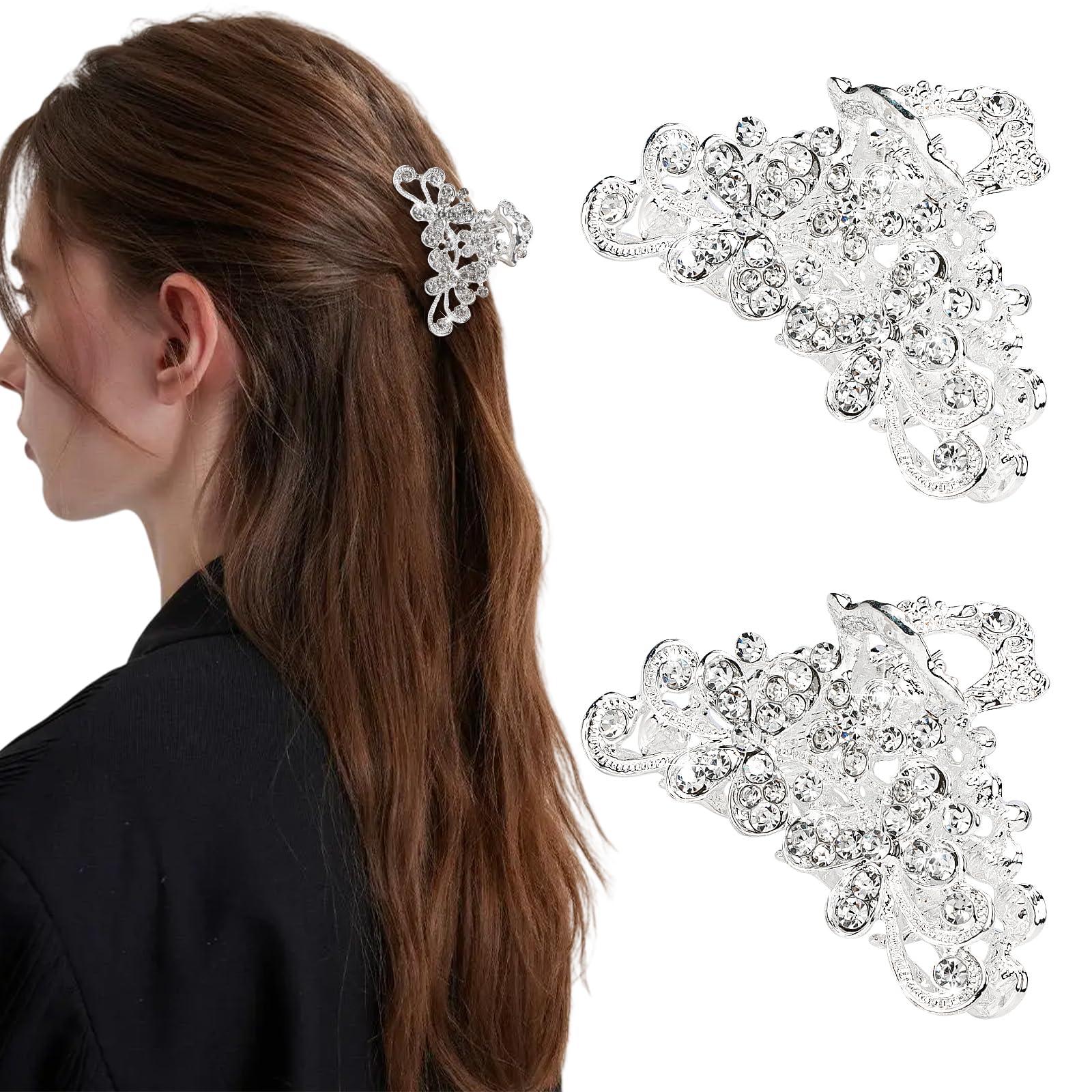 Vovii 2Pcs Rhinestone Claw Clips for Women, Sliver Mini Diamond Crystal Glitter Hair Clips for Hair(2.36 inch)