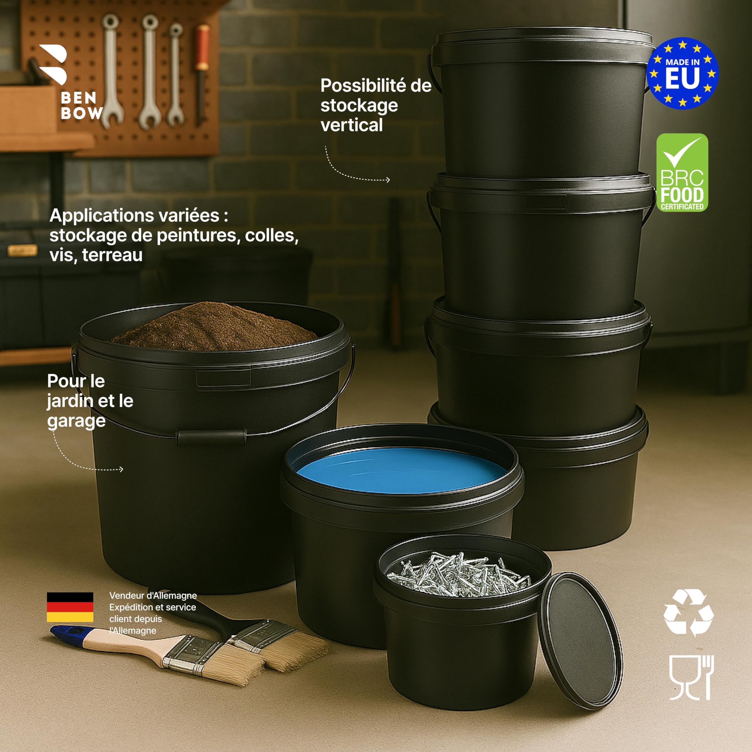 BenBow Seau avec Couvercle 30L Noir 3X 30 litres - apte aux Aliments, Robuste, hermétique, étanche, sans Odeur - conteneur en Plastique, avec poignées - Vide