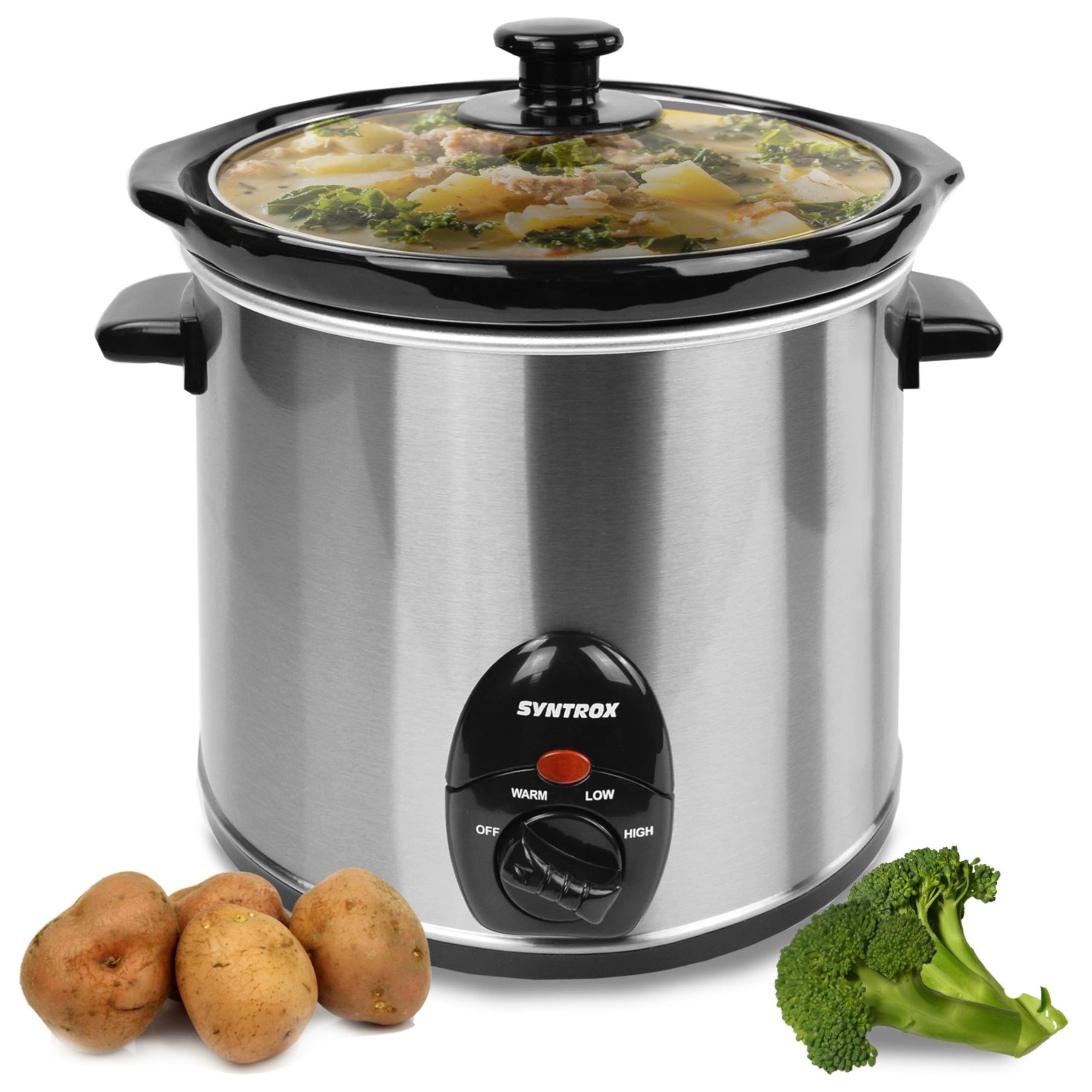 Syntrox Germany 3,0 l Slow Cooker | Schmortopf | Schongarer | Multikocher Delira, Edelstahl, Warmhaltefunktion, Keramik Servierschüssel, rutschsichere Standfüße, Spülmaschinengeeignet