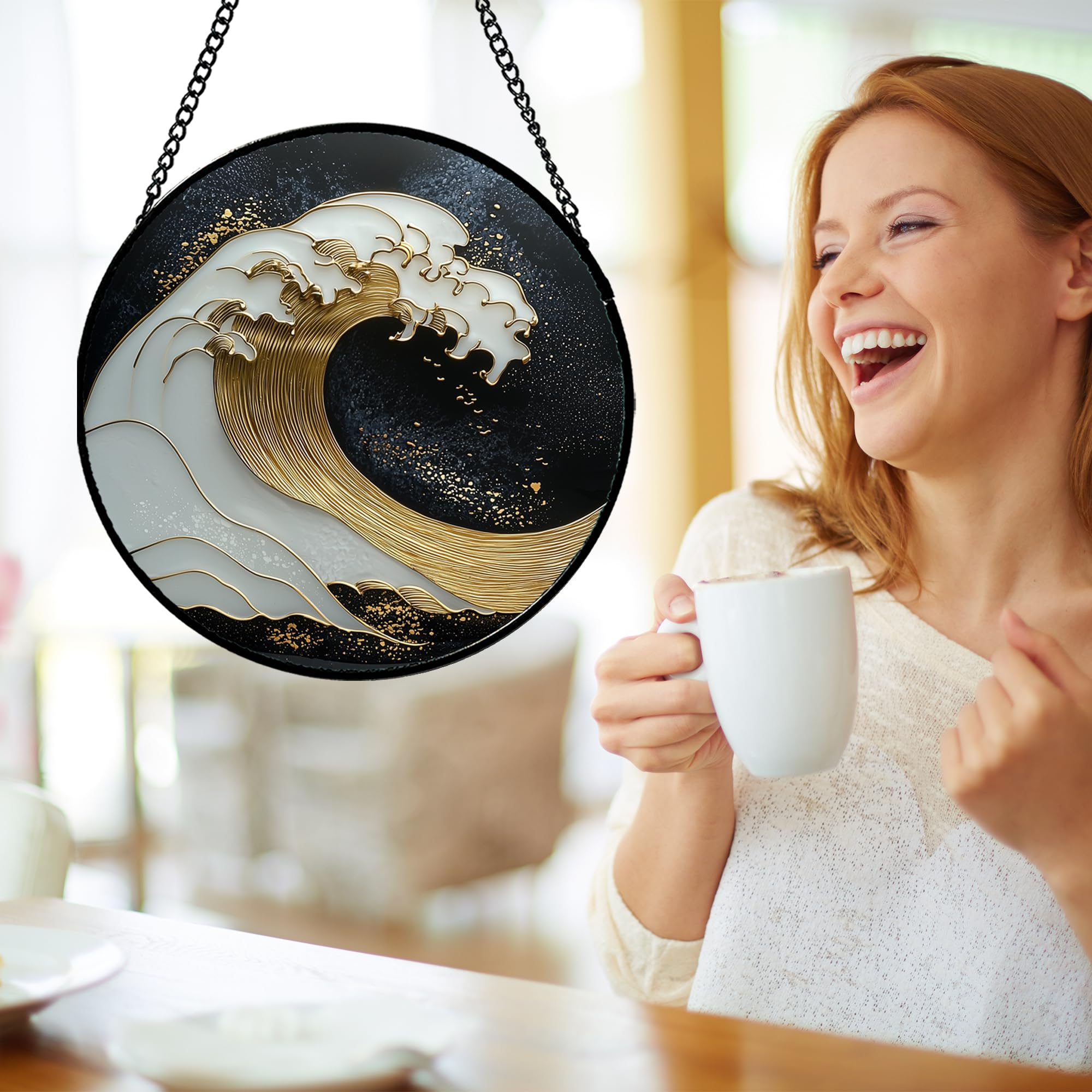 DASTOLL Stained Glass Window Hanging, Black and White Golden Abstract Ocean Waves Suncatcher for Doors Window Home Sun Catchers Decor Mother's Day Birthday Gifts for Women, Men Mom 11.8 in