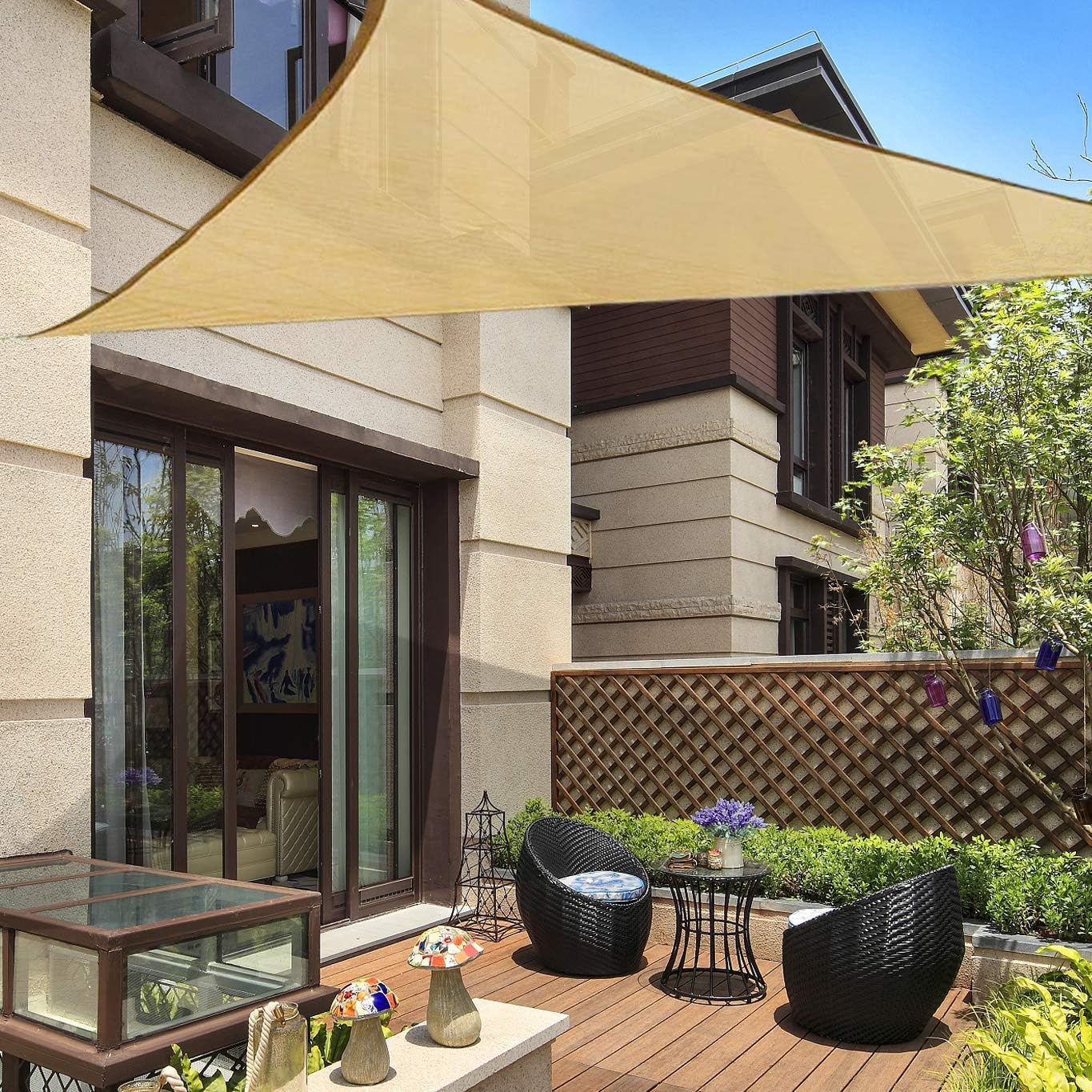 QOZY Patio Sun Shade Sail Triangle 16'5" x 16'5" x 16'5" |“Paradise Island Tan” Canvas Sailcloth Awning – UV Deck Sail Shade Canopy | Backyard Garden Playground Pergola Carport Shade Tarp Cover
