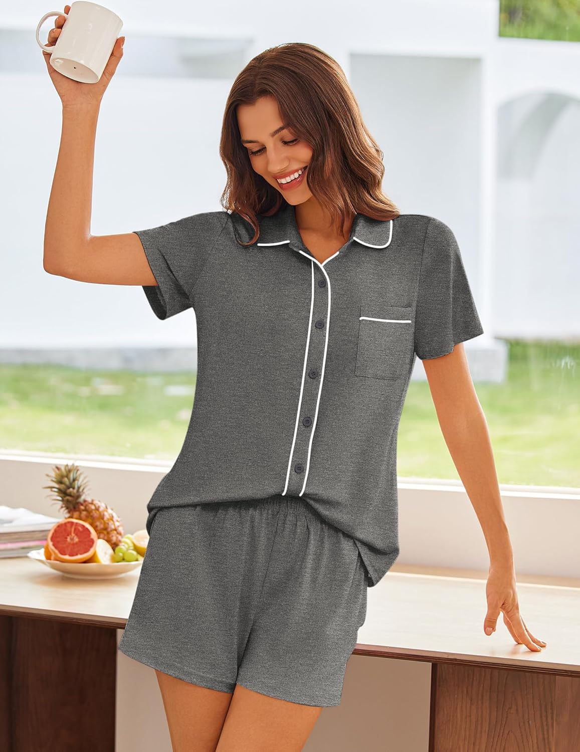 Ekouaer Womens Pajama Sets Button Down Lounge Set 2 Piece Loungewear Soft Sleepwear Short Sleeve Pjs with Pockets - Image 4