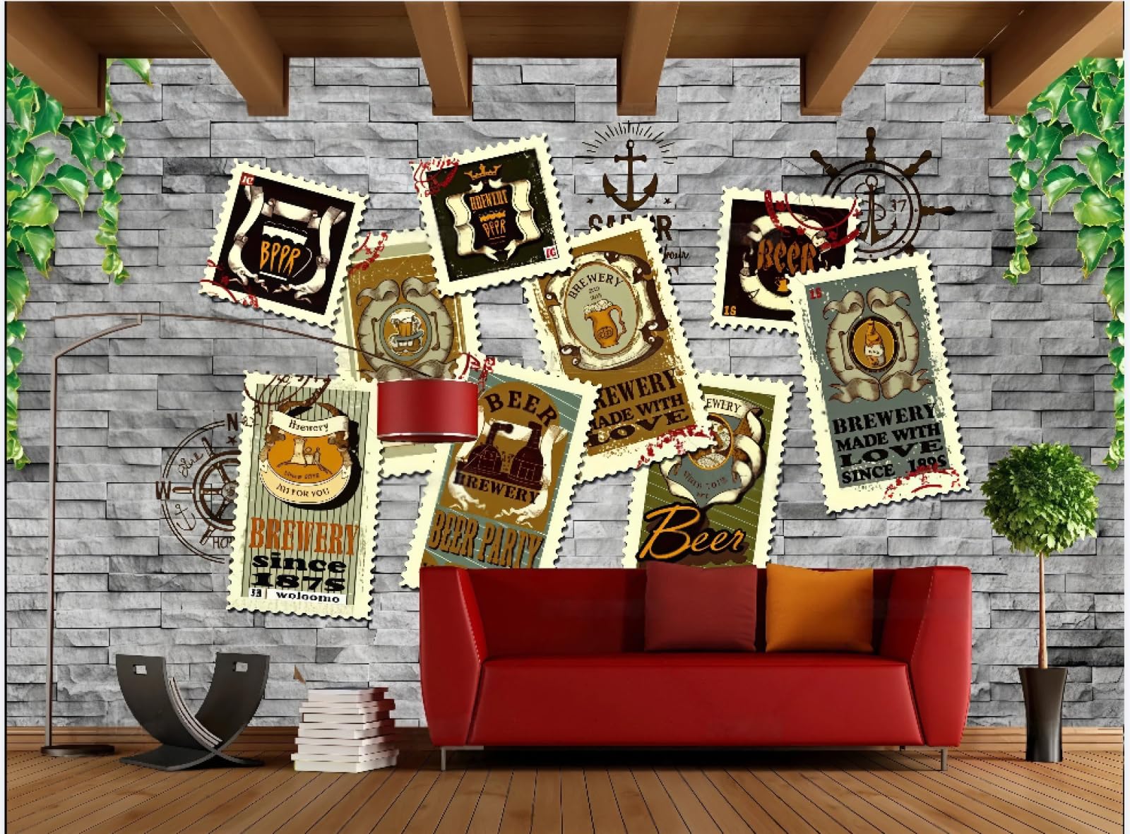 Papier peint rétro nostalgie gris brique 3D pour une décoration murale raffinée de restaurant