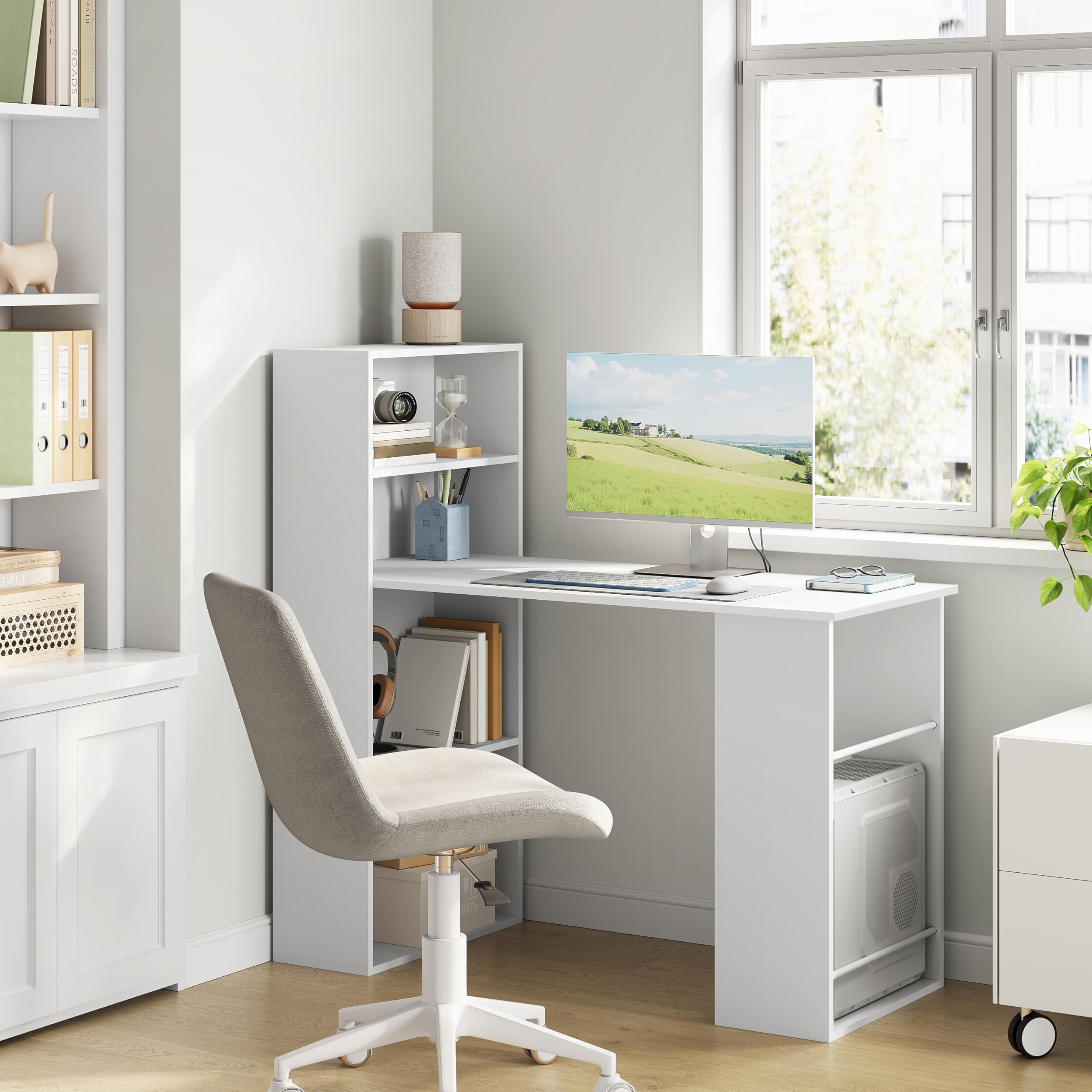 eSituro Schreibtisch mit Stauraum & Bücherregal, Computertisch Homeoffice, Weiß, 120x52x120 cm, Bürotisch fürs Arbeitszimmer Schlafzimmer | Offene Stauraum und Regale, Aktenordner-Halterung, für Homeoffice Schlafzimmer Wohnzimmer