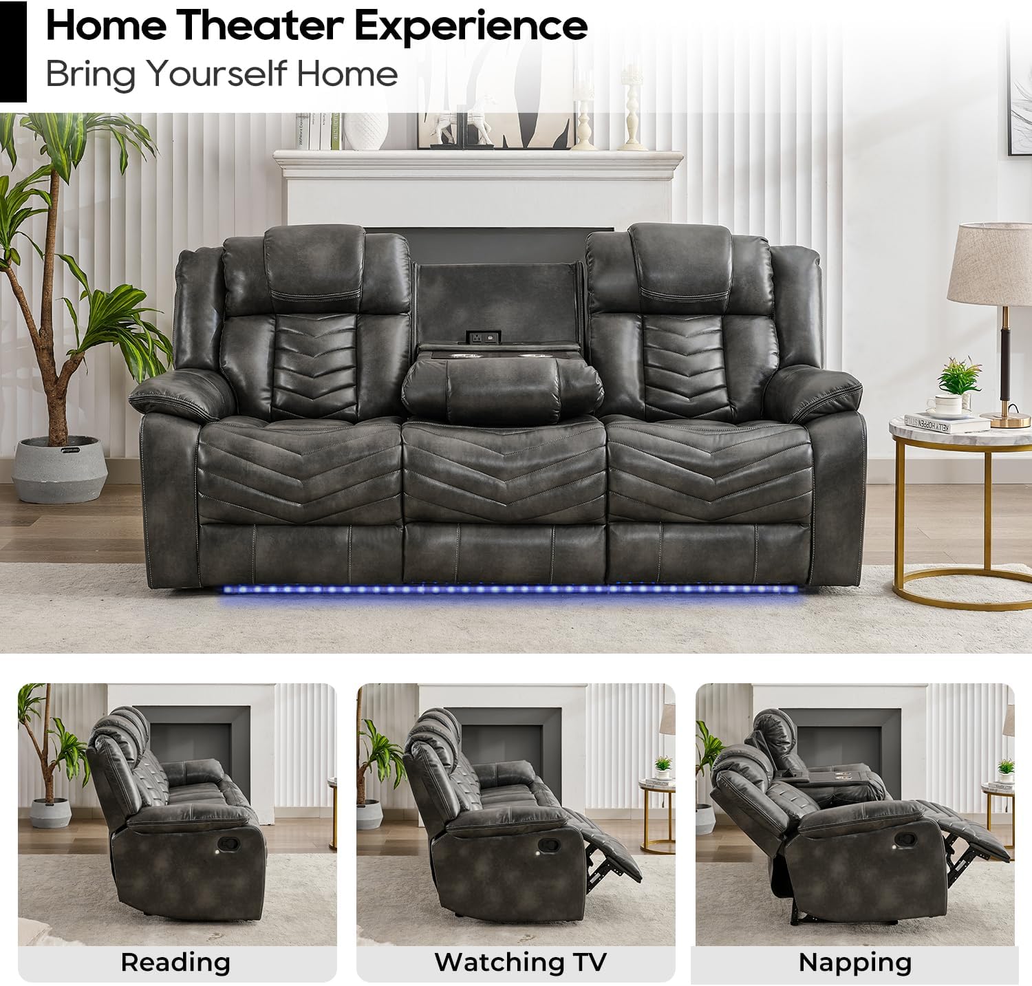 Three images showing the Comfort Stretch sofa in upright, reading, and fully reclined positions