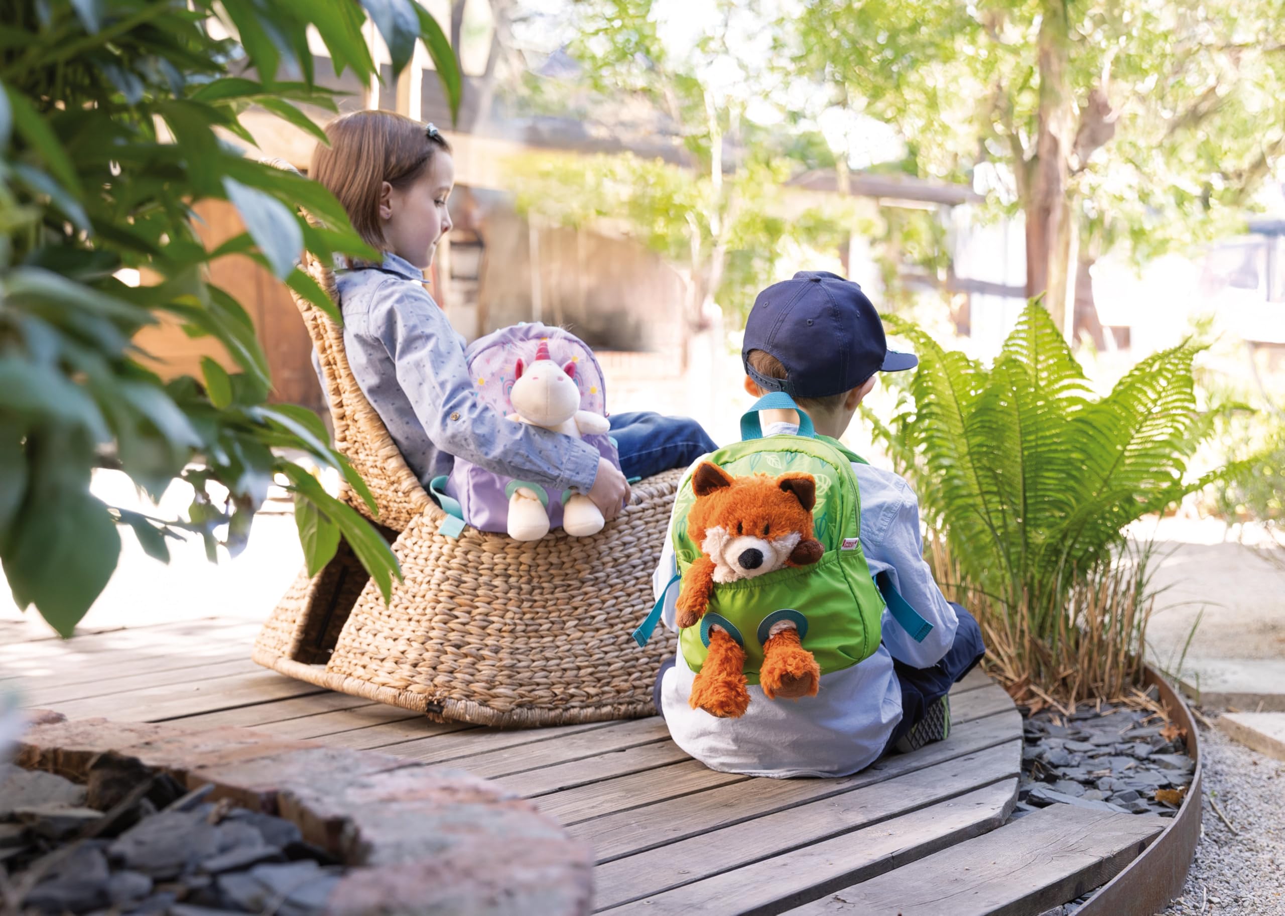 NICI Rucksack mit Plüschtier 21x26cm Fuchs 25cm - grün - Abnehmbarer Pluschspielzeug Weich Flauschig- Kindergartenrucksack mit Kuscheltier für 2-5 Jährige Jungen und Mädchen - 62692
