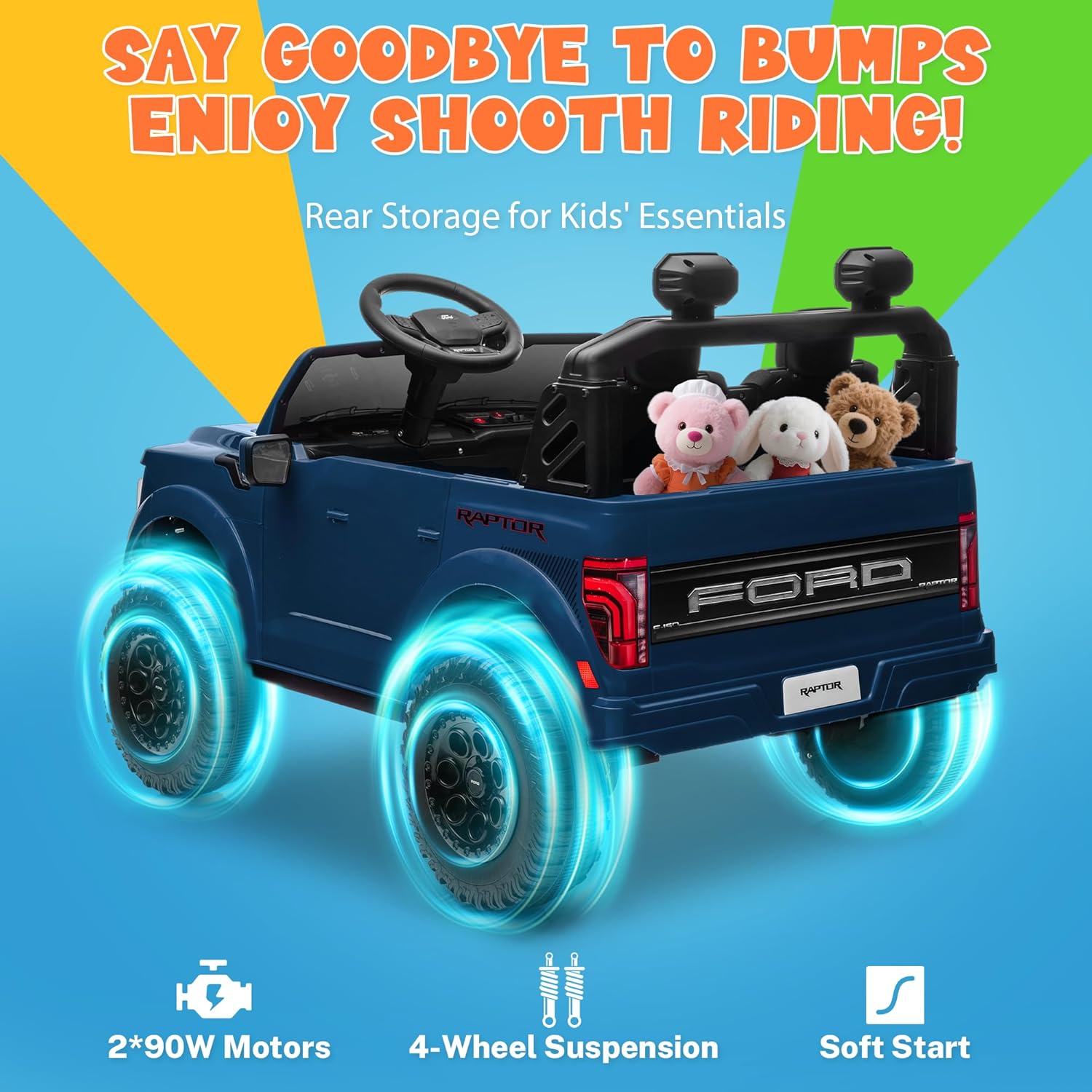 ENYOPRO 2 Seater Ride on Car for Boys, 24V Licensed Ford F-150 Raptor Kids Electric Vehicle with Remote Control, Kids Ride on Truck w/20 Spacious Seat, Truck Bed Storage, Bluetooth (Blue)