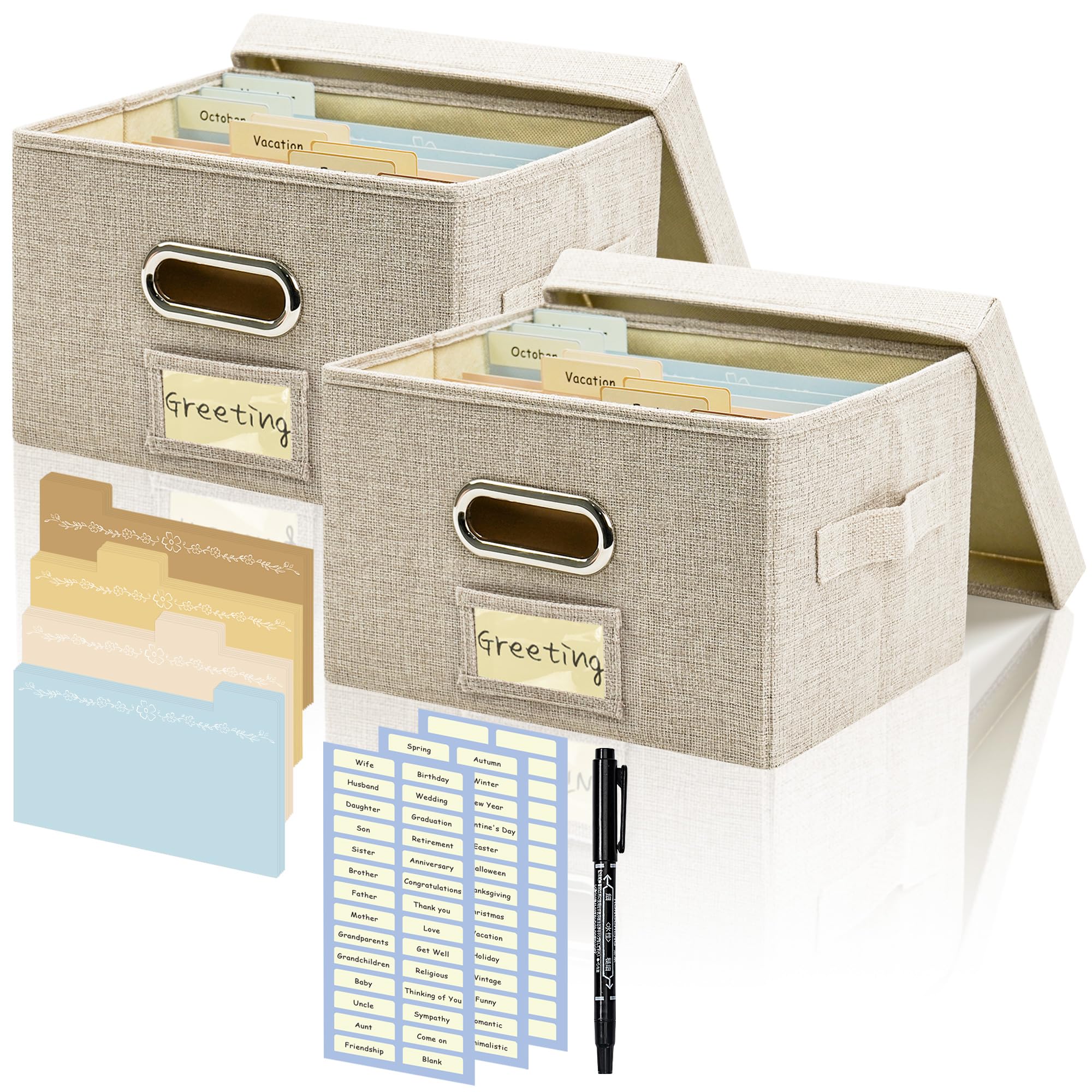 Greeting Card Organizer and Storage Box with 20 Pcs Adjustable Dividers, Storing Cards with 84 Pcs Labels Perfect for Storing Greeting Cards, Envelopes, Photos 2 Pack Beige