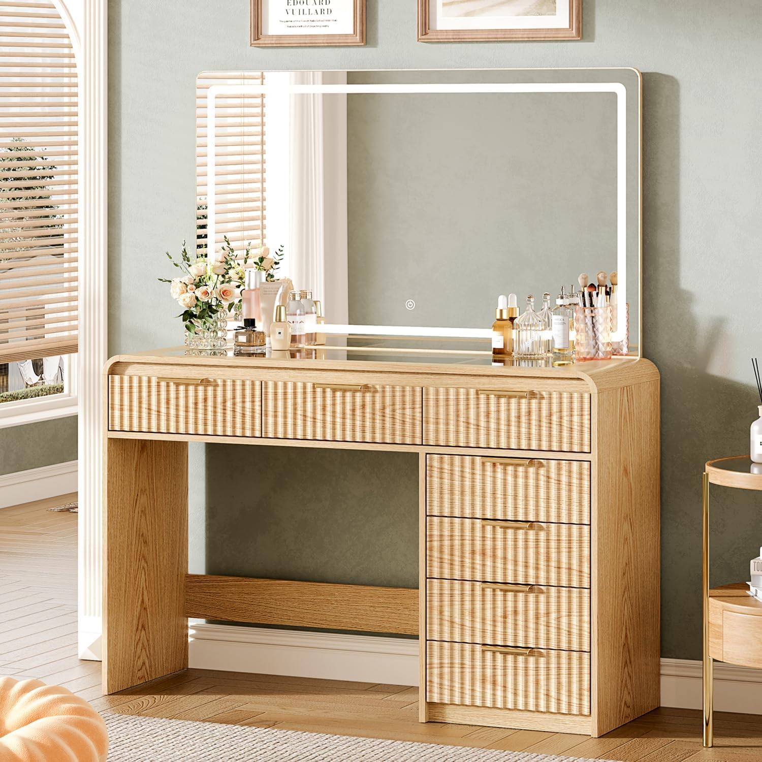 47“Makeup Vanity Desk with 44.8" Mirror and Lights, Vanity Desk with 7 Drawers, Makeup Vanity Table with a Glass Tabletop, 3 Color Modes & Adjustable Brightness Dressing Table, Bedroom,Oak