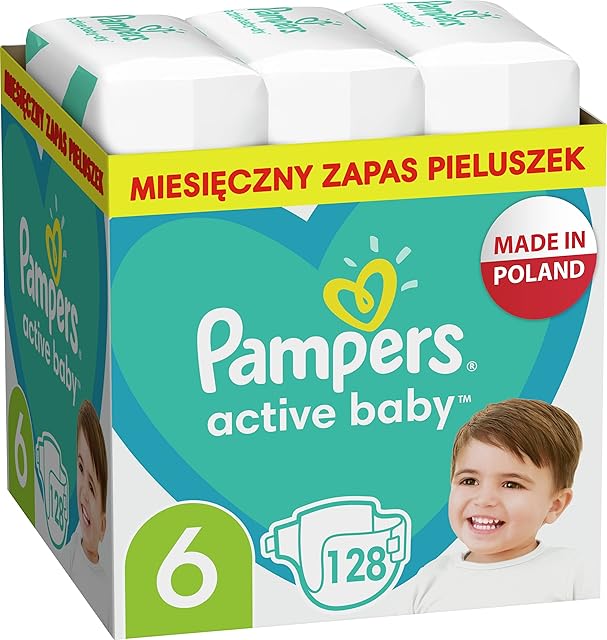 Pampers Pieluchy Rozmiar 6 (13-18kg), Active Baby Pieluszki, 128 Sztuk, Miesięczne Opakowanie, Ochrona Przed Przeciekaniem Przez Całą Dobę