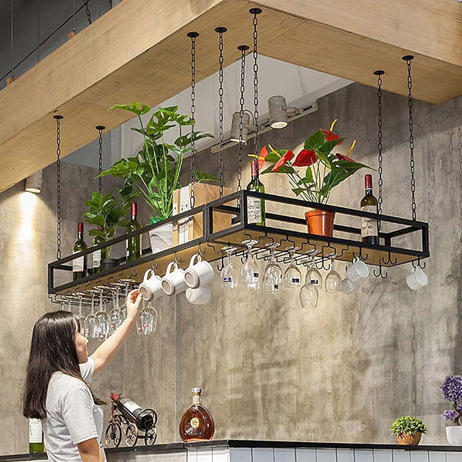 Ceiling Shelf Hanging Wine Rack Holder and Ceiling Shelf，Retro Iron Solid Wood Ceiling Shelf Single Layer，or Bars/Restaurants/Kitchens Storage Rack，4 Sizes (Size : 60 * 25 * 22cm)