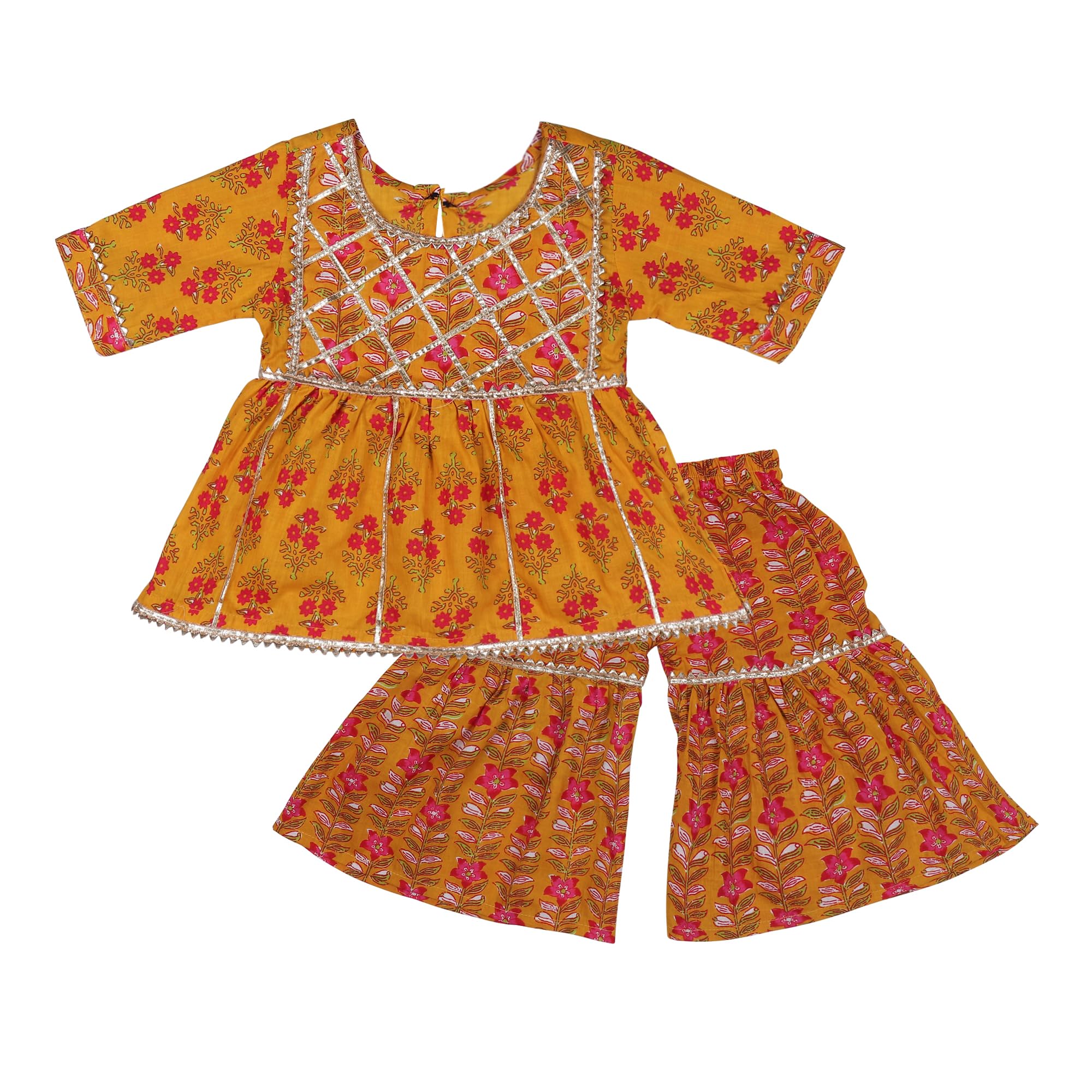 Baby Girl's Cotton Sanganeri/Floral Printed Kurti With Sharara Dress Clothing Set-image-6