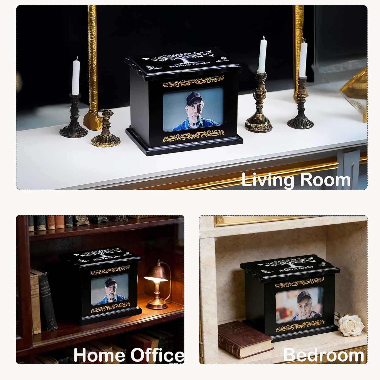 Eternal Tree of Life Solid Wood Urn with Photo Frame - Crafted Black & Gold Funeral Urn for Human Ashes & Large Pets, Fits Loved Ones Up to 260 lbs Body Weight, Ideal for Home Display