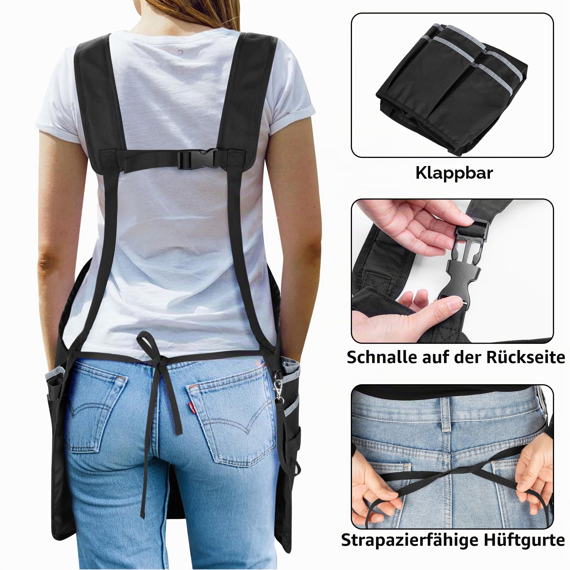 Rexmica Reinigungsschürze für die Hauswirtschaft, Wasserabweisende Hausputzschürze mit mehreren Taschen für Damen und Herren, Verstellbare Arbeitsschürze mit Gürtel für Reinigung, Schwarz