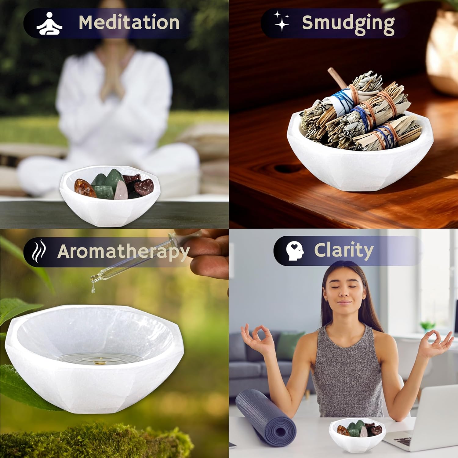 Om Zone Large Selenite Bowl Polished Selenite Crystal Charging Station for Cleansing and Charging Crystals Collection of Crystals and Healing Stones 4" Oval 2pack