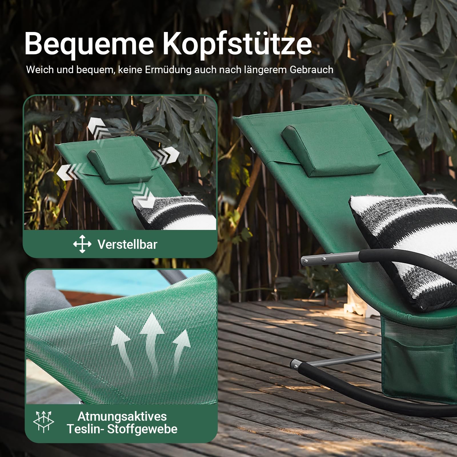 SoBuy Lot de 2 Chaises Longues Transat Pliable Jardin Fer – Bain de Soleil Ergonomique à Bascule Relax–Fauteuil Extérieur Confortable Plage pour Terrasse Balcon Camping, Vert Foncé, OGS28-WDx2