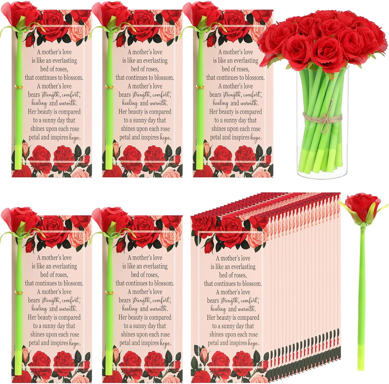 Sayglossy 30 Set Mothers Day Gift Rose Pens with Gift Card Women Christian Gifts Bulk Mothers Day Artificial Creative Black Ink Flower Pens Bulk Office Gifts Supplies for Women (Classic)