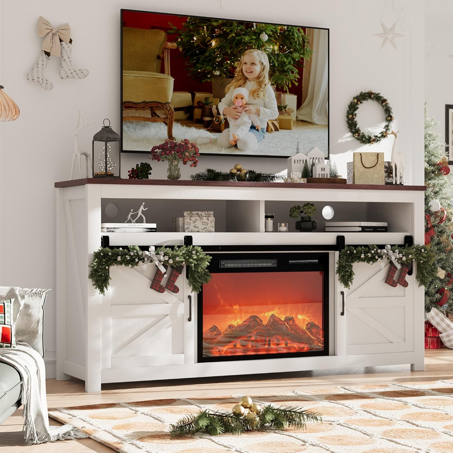 Fireplace TV Stand for TVs Up to 70", Entertainment Center with 23" Electric Fireplace Includes 12 Color Light Options, White TV Stands for Living Room, Bedroom, 58 inch TV Stand.